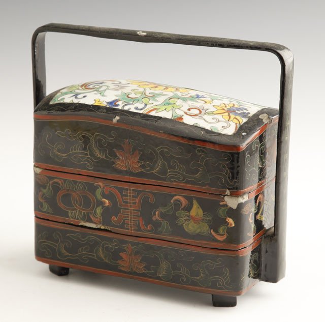 Oriental Black Lacquer Papier Mache Bento Box, ea: Oriental Black Lacquer Papier Mache Bento Box, early 20th c., the sides and handle with floral painted decoration, the lid mounted with a large porcelain shard from a vase, H.- 7 1/2 in., W.- 8 in., D