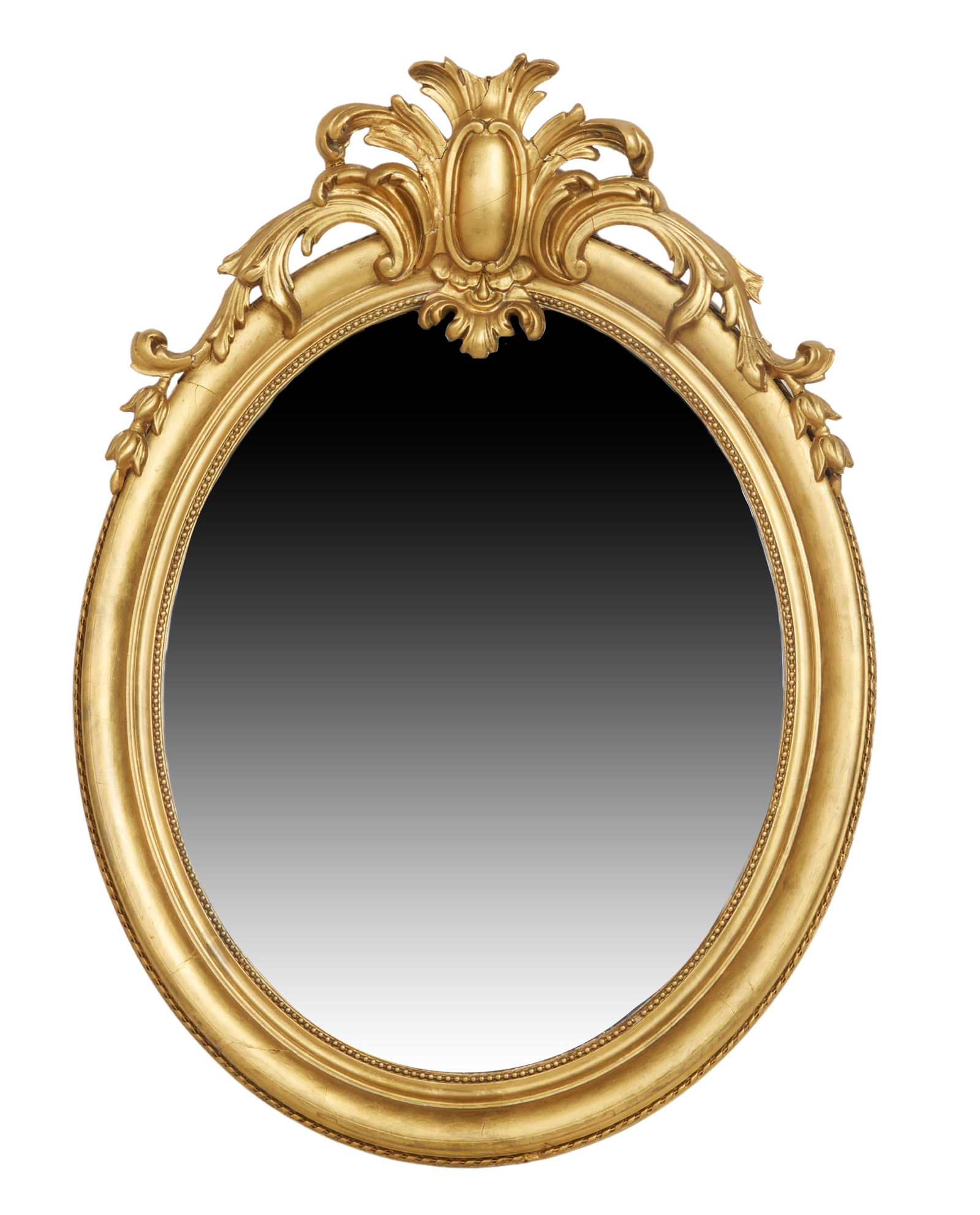 French Louis XVI Style Giltwood Mirror, 19th c., H.- 31 3/4 in., W.- 21 in., D.- 3 3/4 in.: French Louis XVI Style Giltwood Mirror, 19th c., of oval form with shield and scrolled acanthine crest, H.- 31 3/4 in., W.- 21 in., D.- 3 3/4 in.