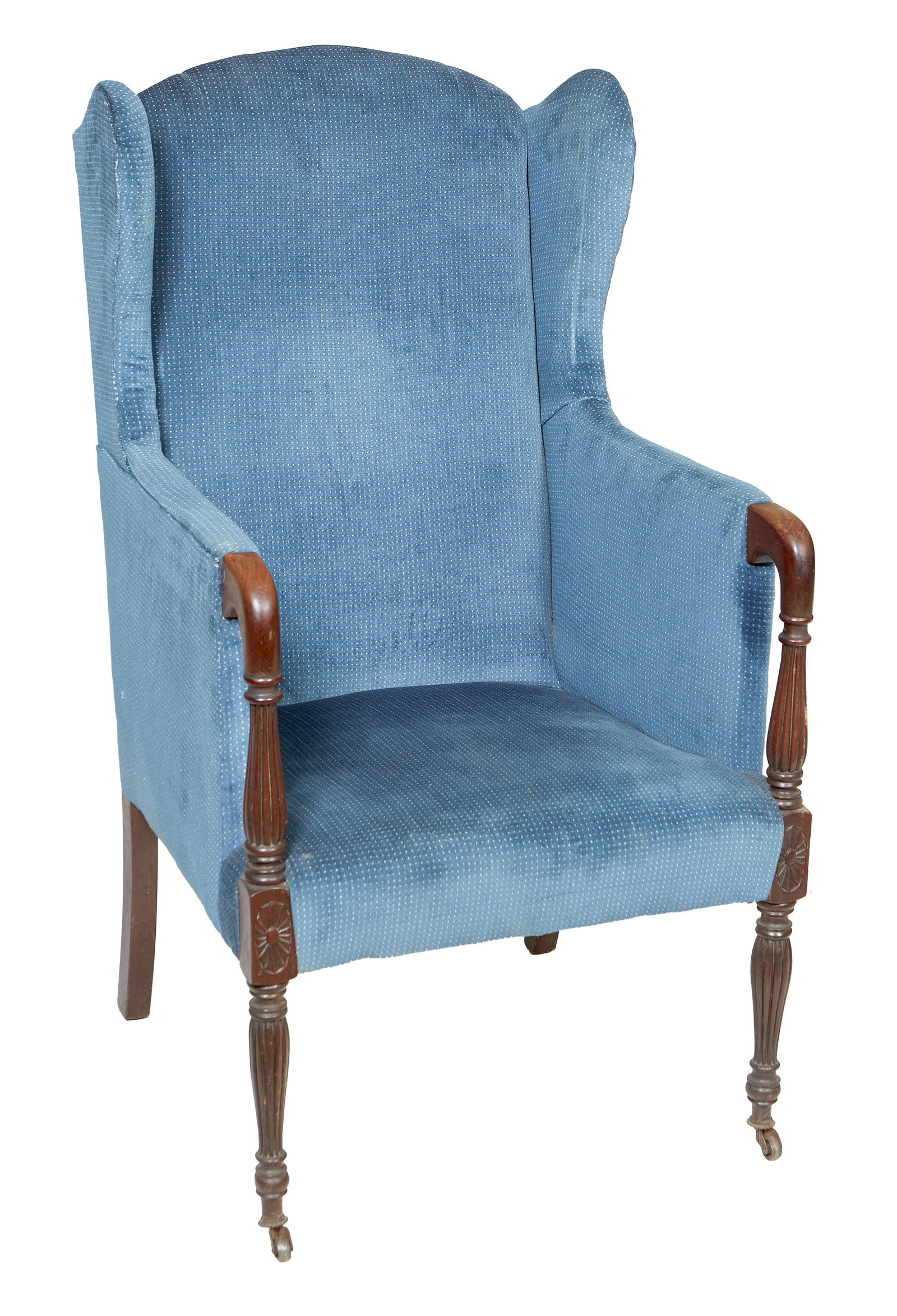 New England American Sheraton Carved Mahogany Wing Chair, early 19th c., H.- 45 in., W.- 25 in., D.- (1 of 2)