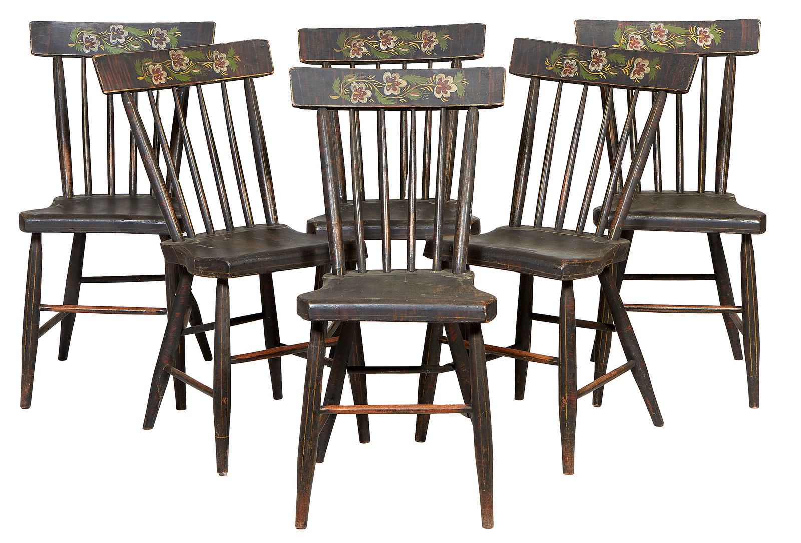 Set of Six American Painted Plank Seat Chairs, early 19th c., retailed by Didier Inc., H.- 32 in., W (1 of 2)