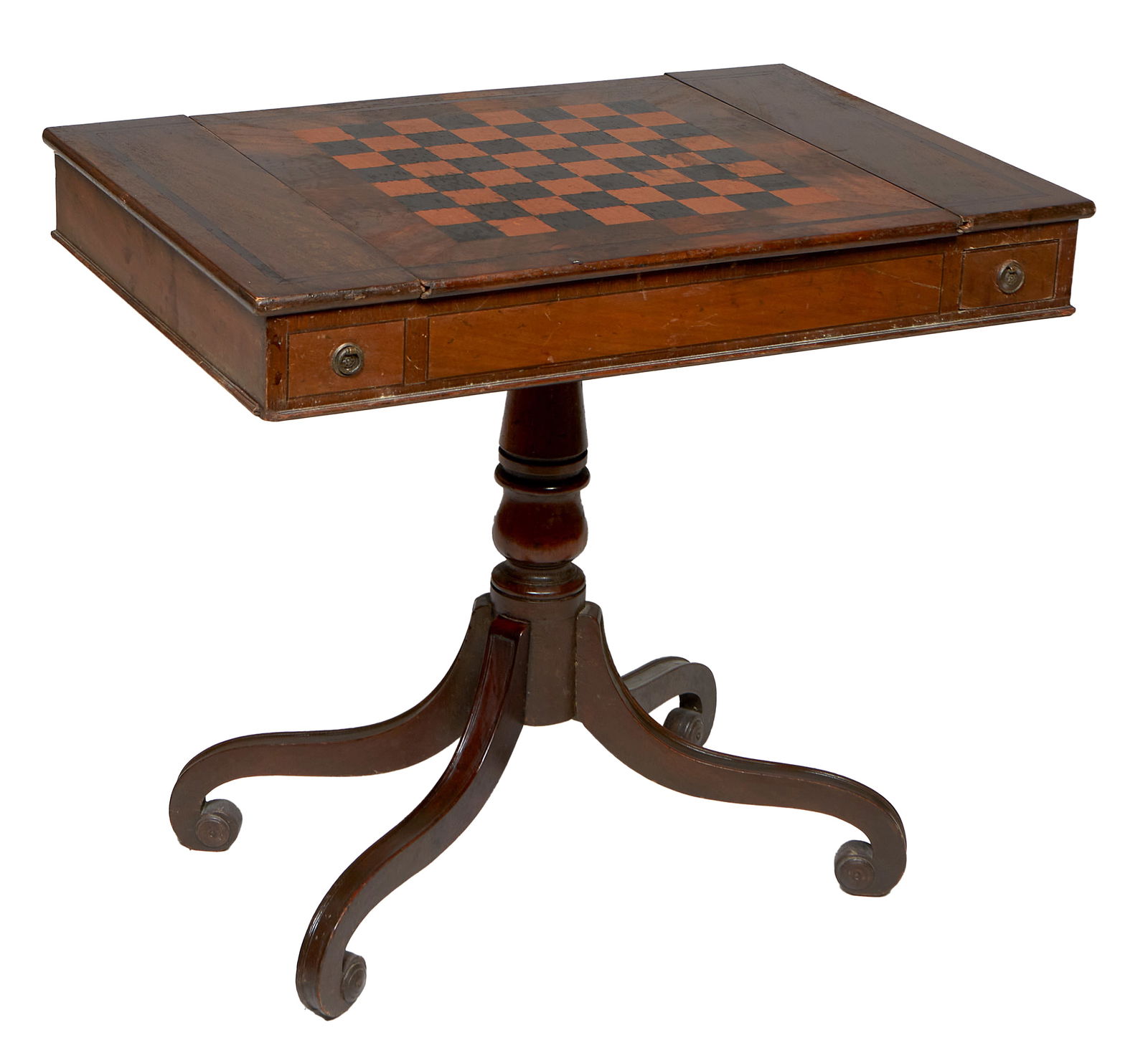 Regency Style Inlaid Mahogany Games Table, early 20th c., H.- 27 in., W.- 30 1/4 in., D.- 20 1/2 in. (1 of 3)
