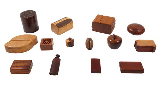 Group of Fourteen Wood Boxes, 20th c., Hinged- H.- 5 5/8 in., W.- 3 3/4 in., D.- 3 3/4 in. (14 Pcs.) (1 of 20)