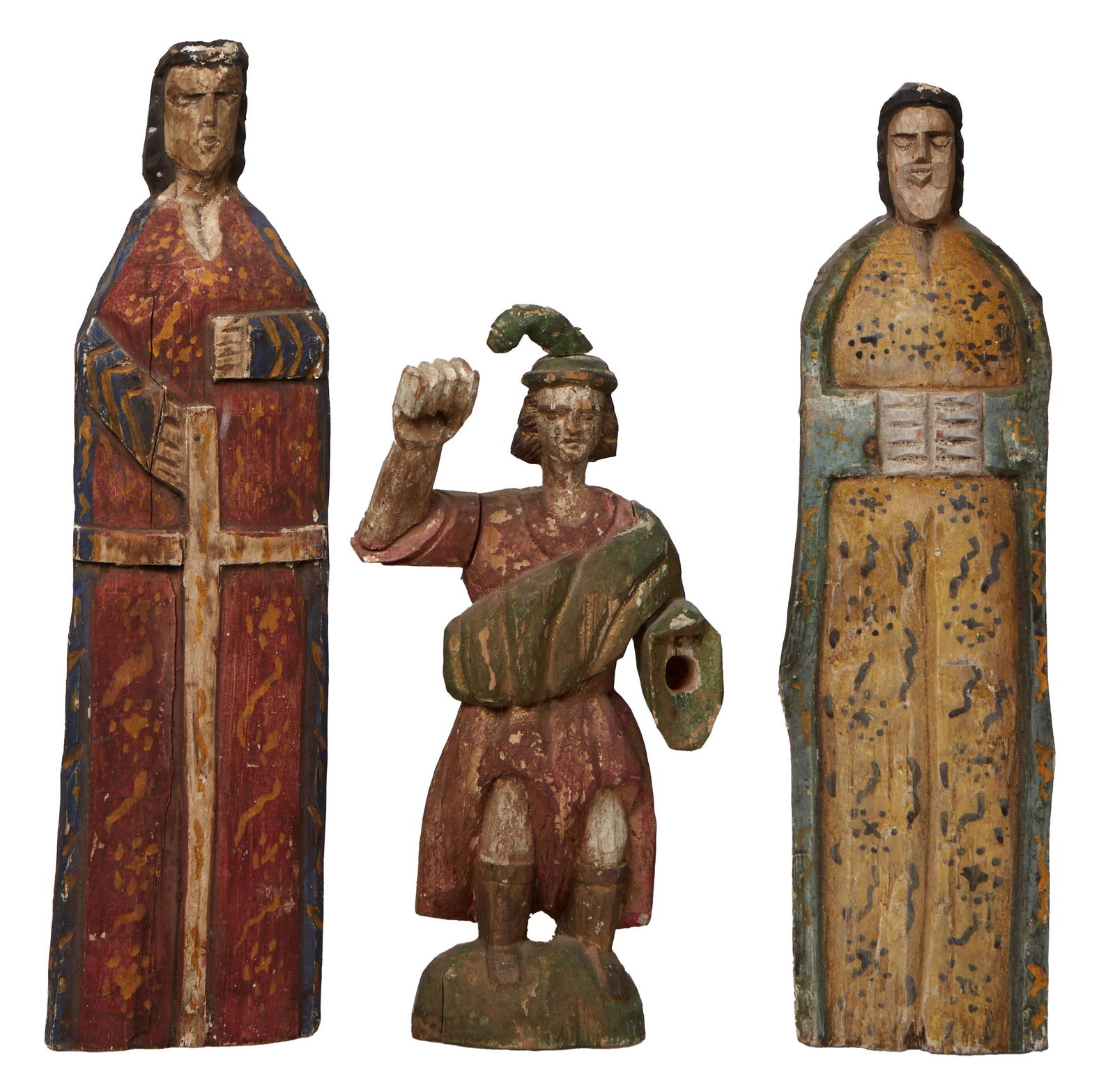 Three Carved Santos, early 19th c., Pair- H.- 20 3/4 in., W.- 5 3/4 in., D.- 2 in.; H.- 19 7/8 in., (1 of 4)