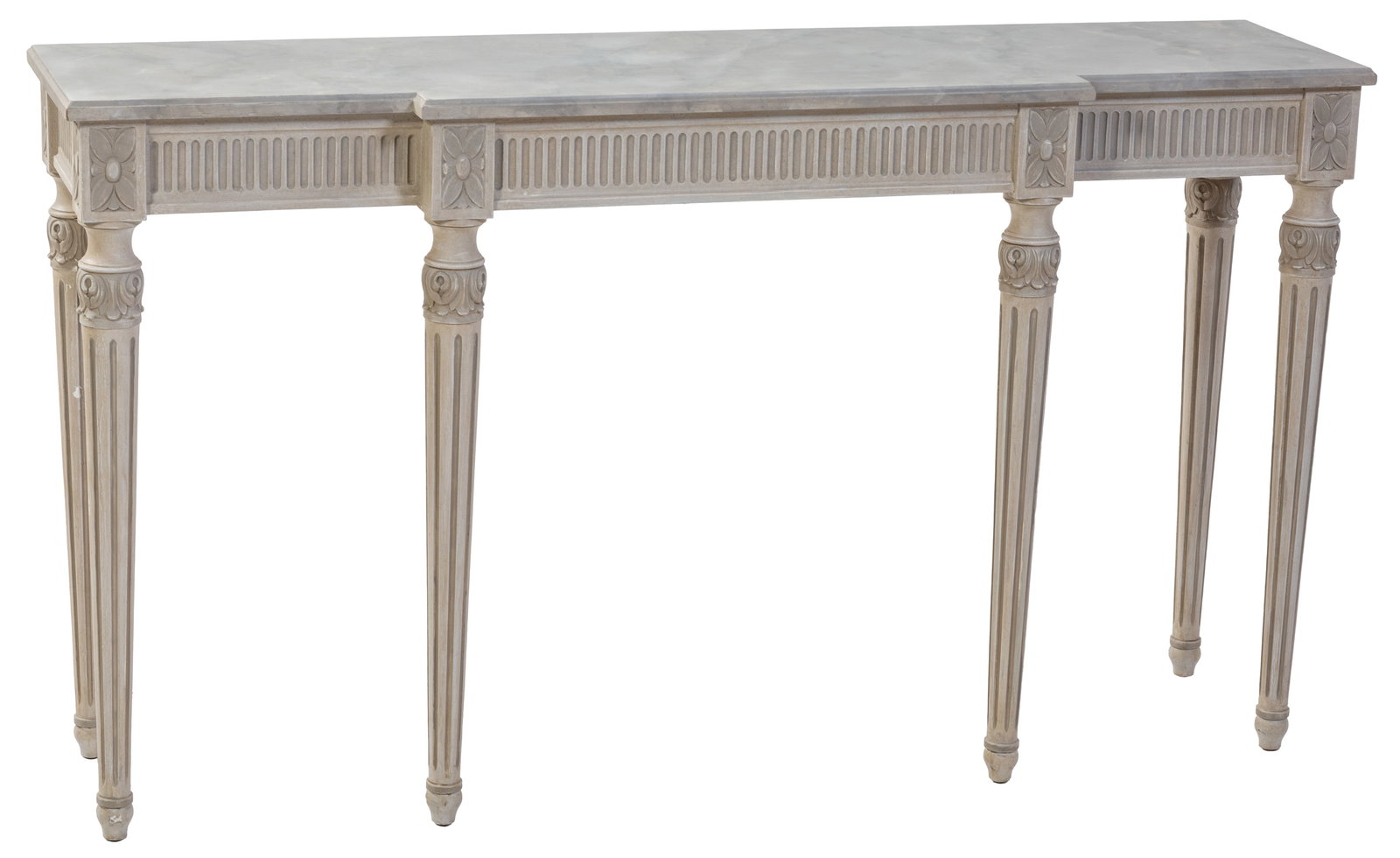 Louis XVI Style Faux Marble Creme Peinte Breakfront Console, 20th/21st c., H.- 34 1/4 in., W.- 61 in: Louis XVI Style Faux Marble Creme Peinte Breakfront Console, 20th/21st c., the breakfront faux marble top, atop a conforming fluted frieze with rosette blocks, on ring turned acanthus carved fluted ta