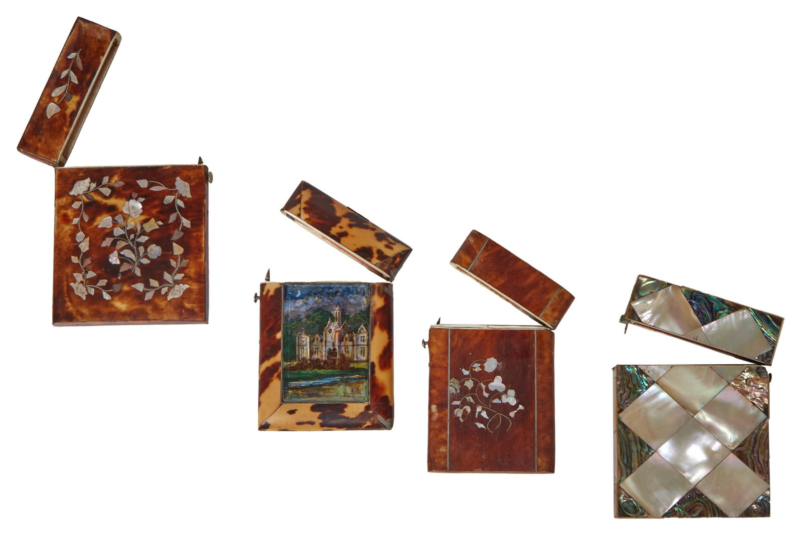 Group of Four English Victorian Calling Card Cases, 19th c., Smallest- H.- 3 3/4 in., W.- 2 1/2 in., (1 of 5)