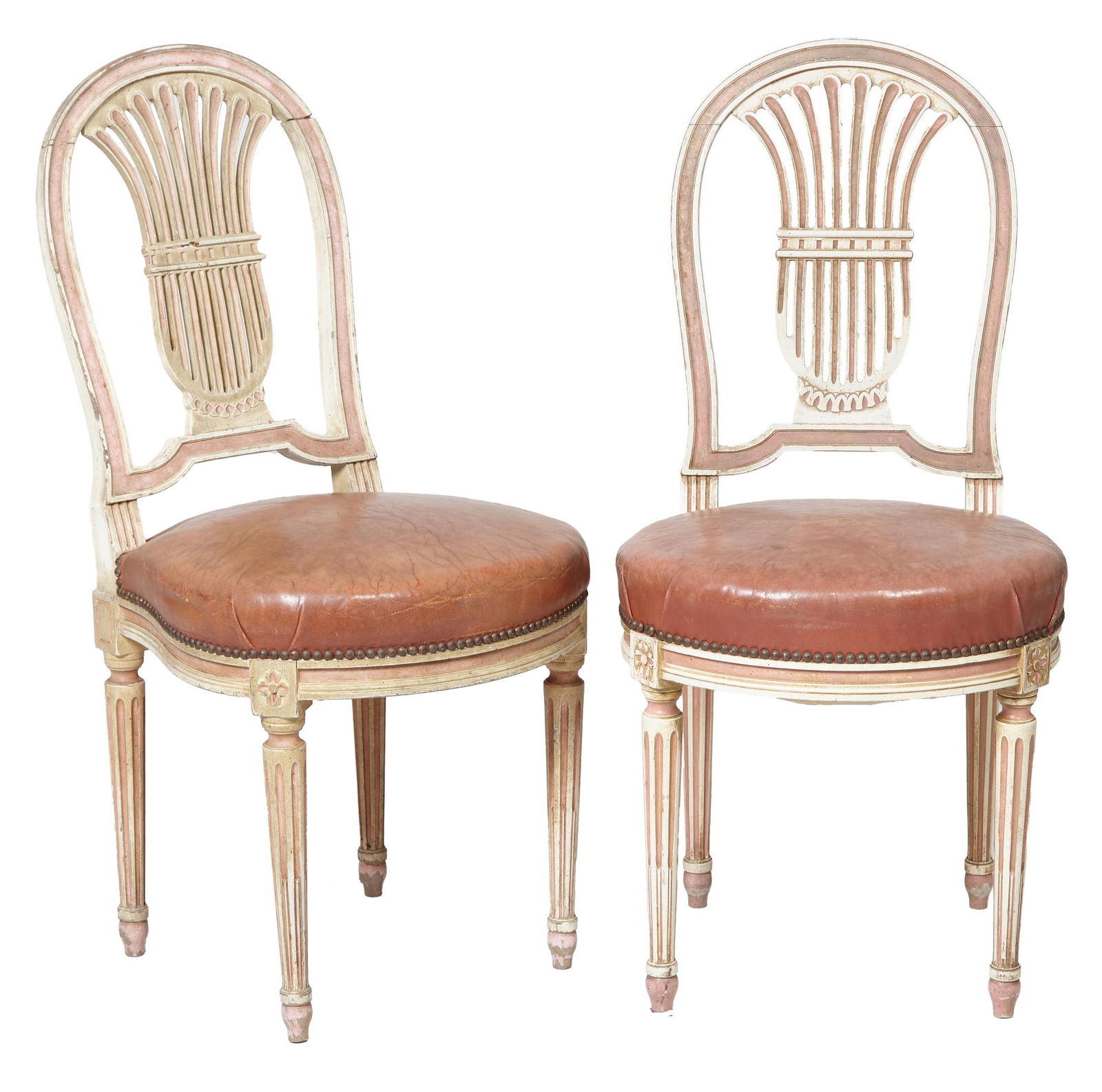 Pair of Louis XVI Style Creme Peinte Chairs, 19th c., H.- 38 in., W.- 18 in., D.- 18 in. (2 Pcs.) (1 of 3)