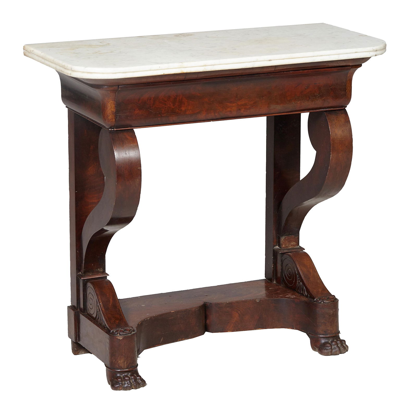 French Empire Marble Top Carved Mahogany Console, early 19th c., H.- 31 in., W.- 32 1/4 in., D.- 15 (1 of 3)