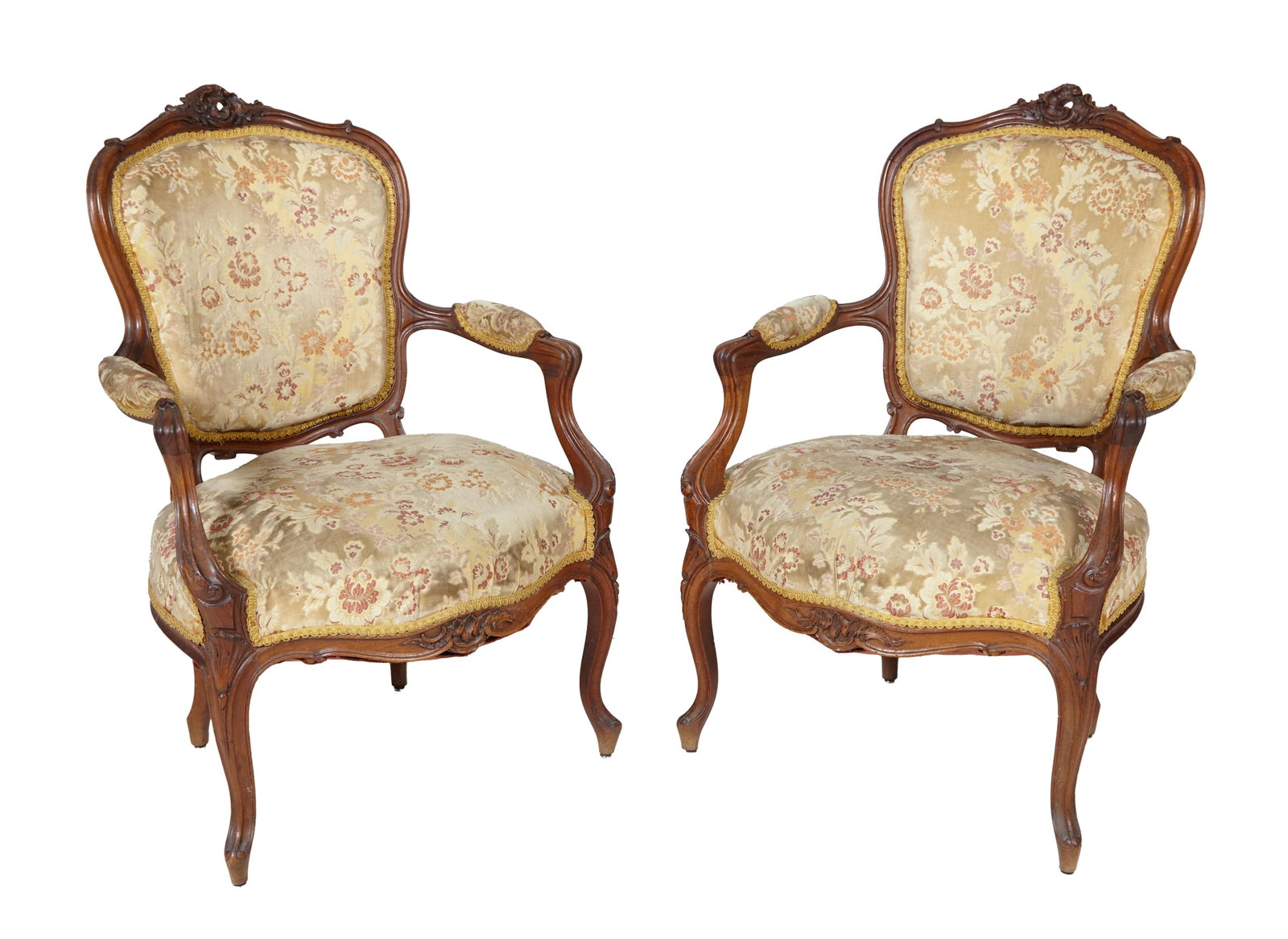 Pair of French Louis XV Style Carved Walnut Fauteuil, 19th c., H.- 37 in., W.- 26 in., D.- 22 in. (2: Pair of French Louis XV Style Carved Walnut Fauteuil, 19th c., pierced rocaille crest, padded shield back and arms, scrolled seat rail, on cabriole legs, H.- 37 in., W.- 26 in., D.- 22 in. (2 Pcs.)