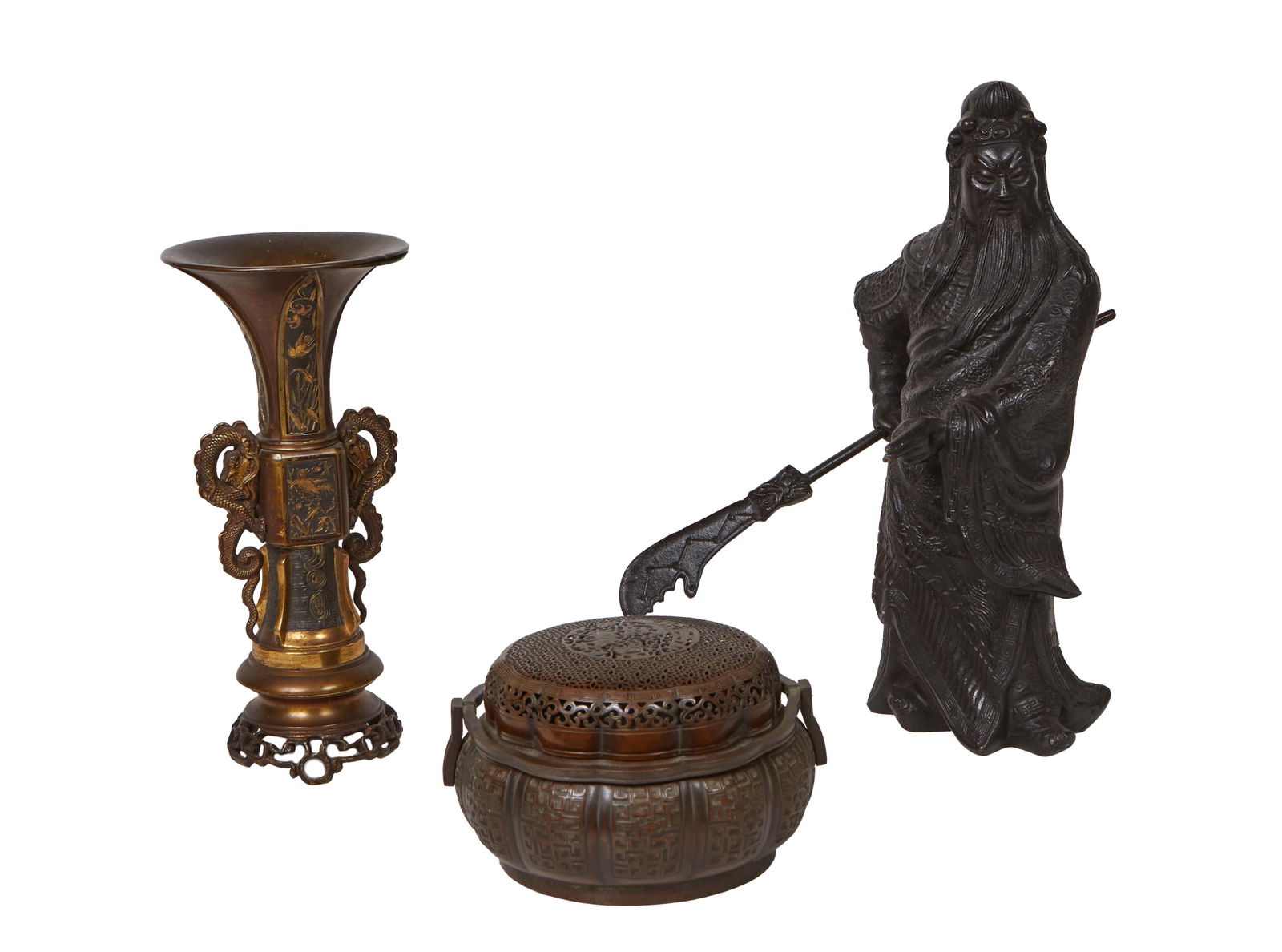 Group of Three Asian Patinated Bronze Pieces, 19th/20th c., Vase- H.- 10 1/4 in., Dia.- 4 3/4 in.; I (1 of 7)