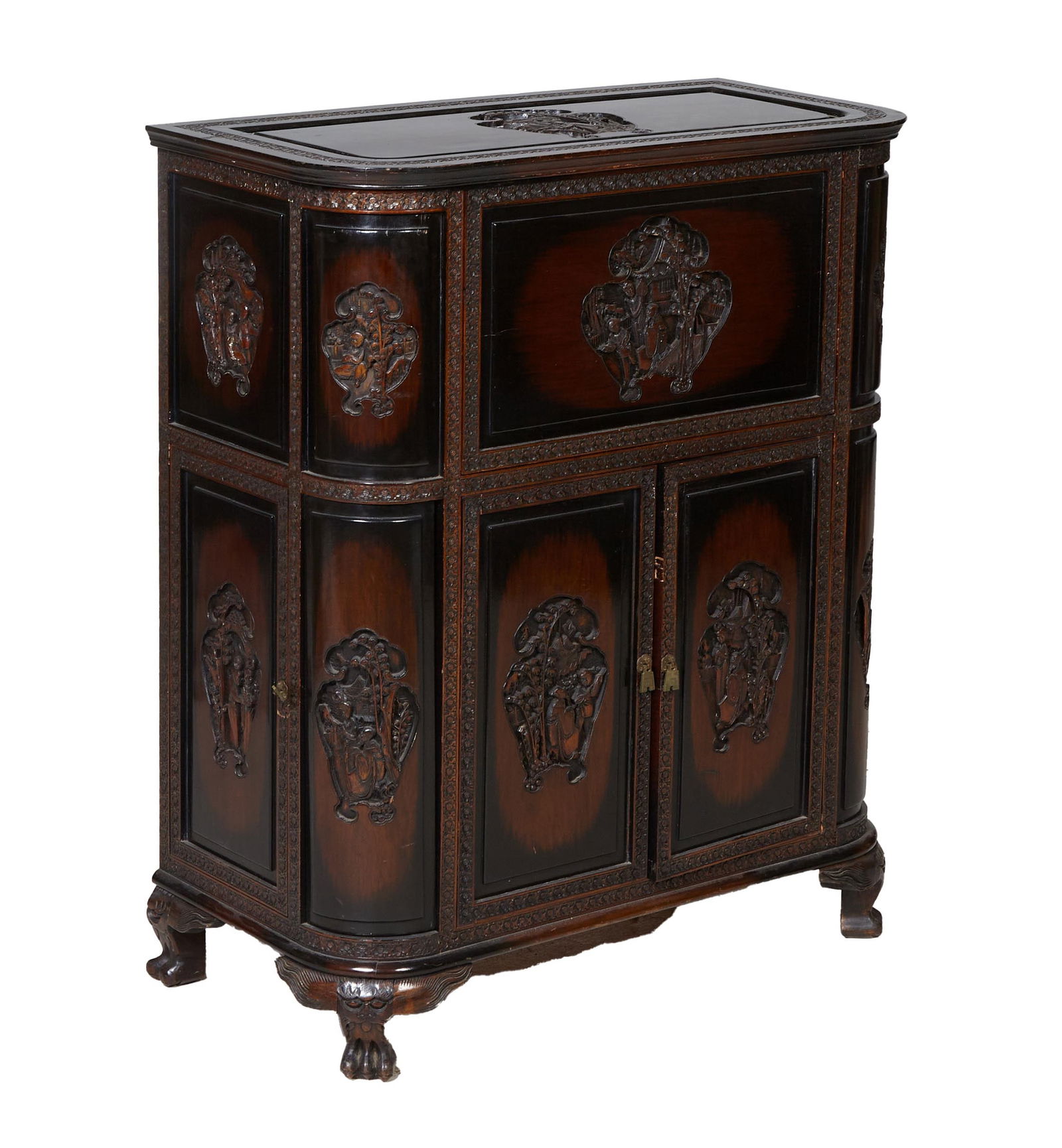 Chinese Carved Wood Dry Bar Cabinet, 20th c., Closed- H.- 38 3/4 in., W.- 31 in., D.- 16 in., Open- (1 of 5)