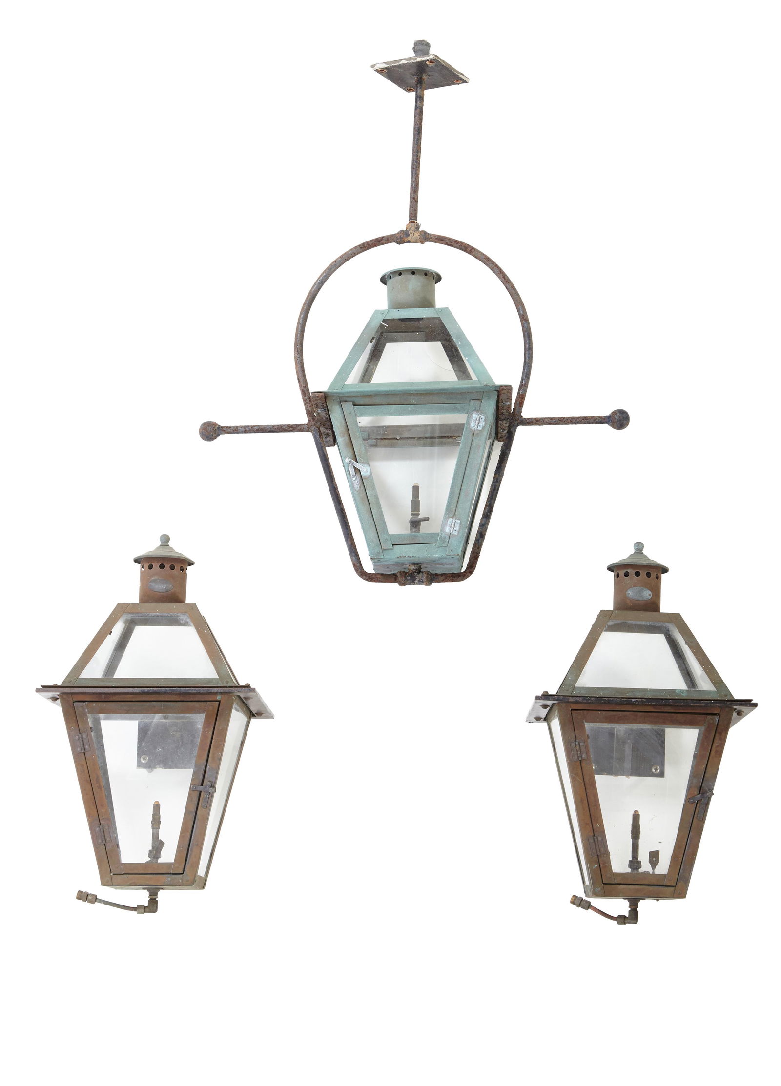 Group of Three Copper Gas Lanterns, 20th c., Hanging- H.- 34 in., W.- 16 in., D.- 12 in.; Wall- H.- (1 of 1)