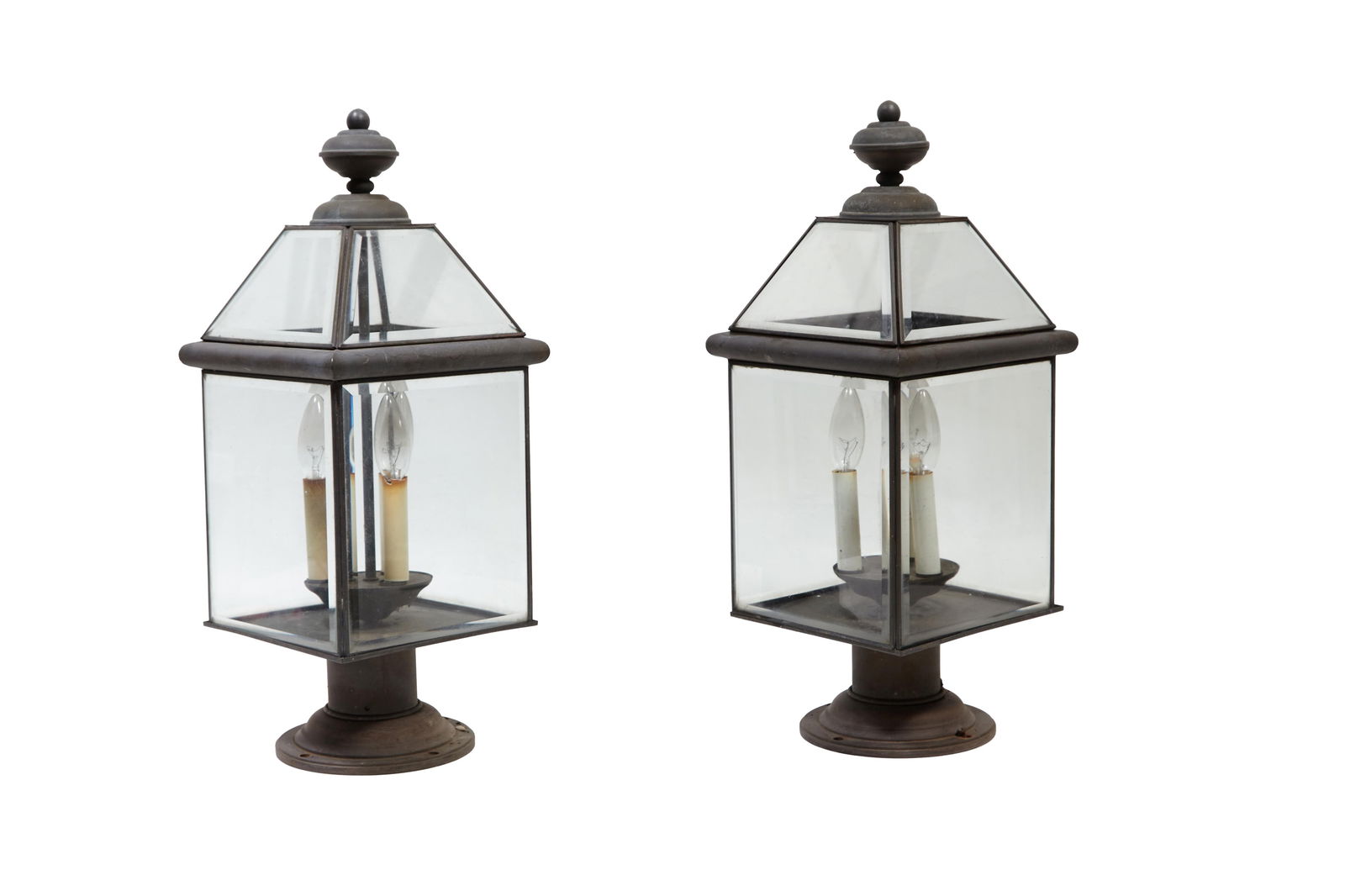 Pair of Brass Electric Outdoor Post Lanterns, 20th c., H.- 22 1/2 in., W.- 8 1/4 in., D.- 8 1/4 in. (1 of 1)
