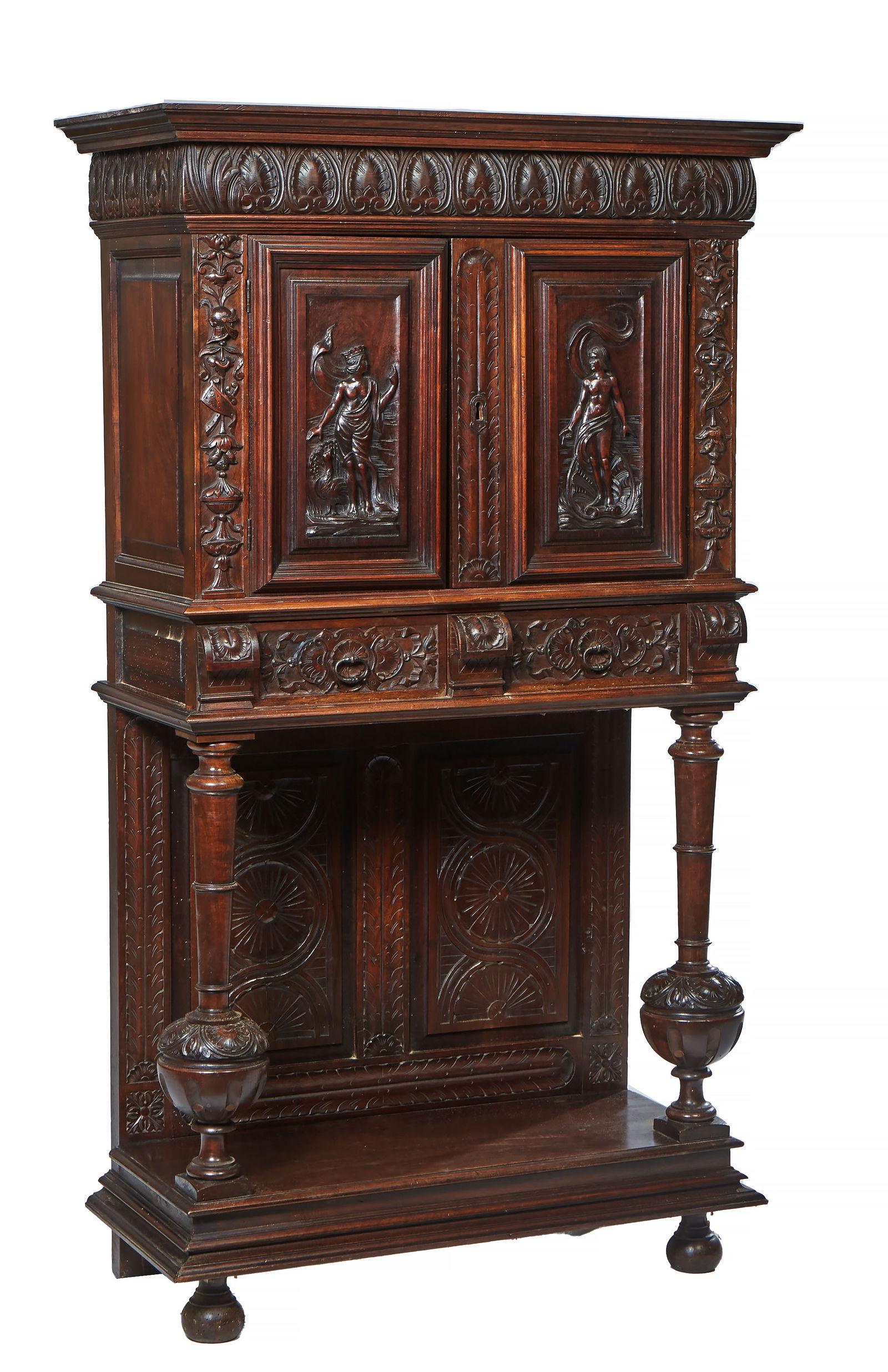 French Renaissance Revival Carved Walnut Court Cupboard, late 19th c., H.- 63 in., W.- 36 in., D.- (1 of 3)