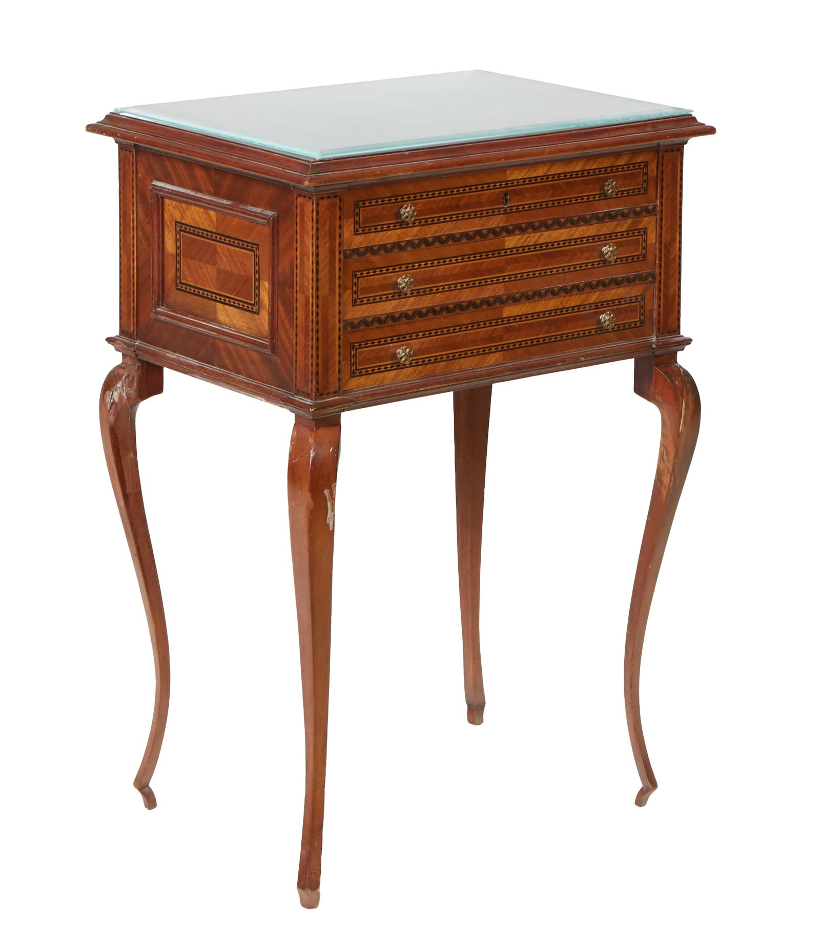 Antique Treenware Style Inlaid Mahogany Work Table, c. 1880, H.- Without Glass- 32 in., With Glass- (1 of 3)
