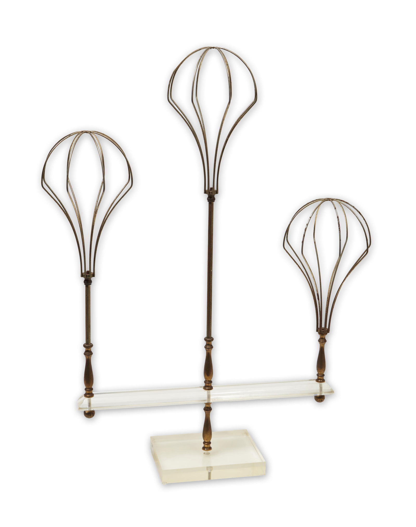 Lucite and Brass Triple Wig Stand, 20th c., H.- 32 in., W.- 30 in., D.- 7 in. (1 of 1)