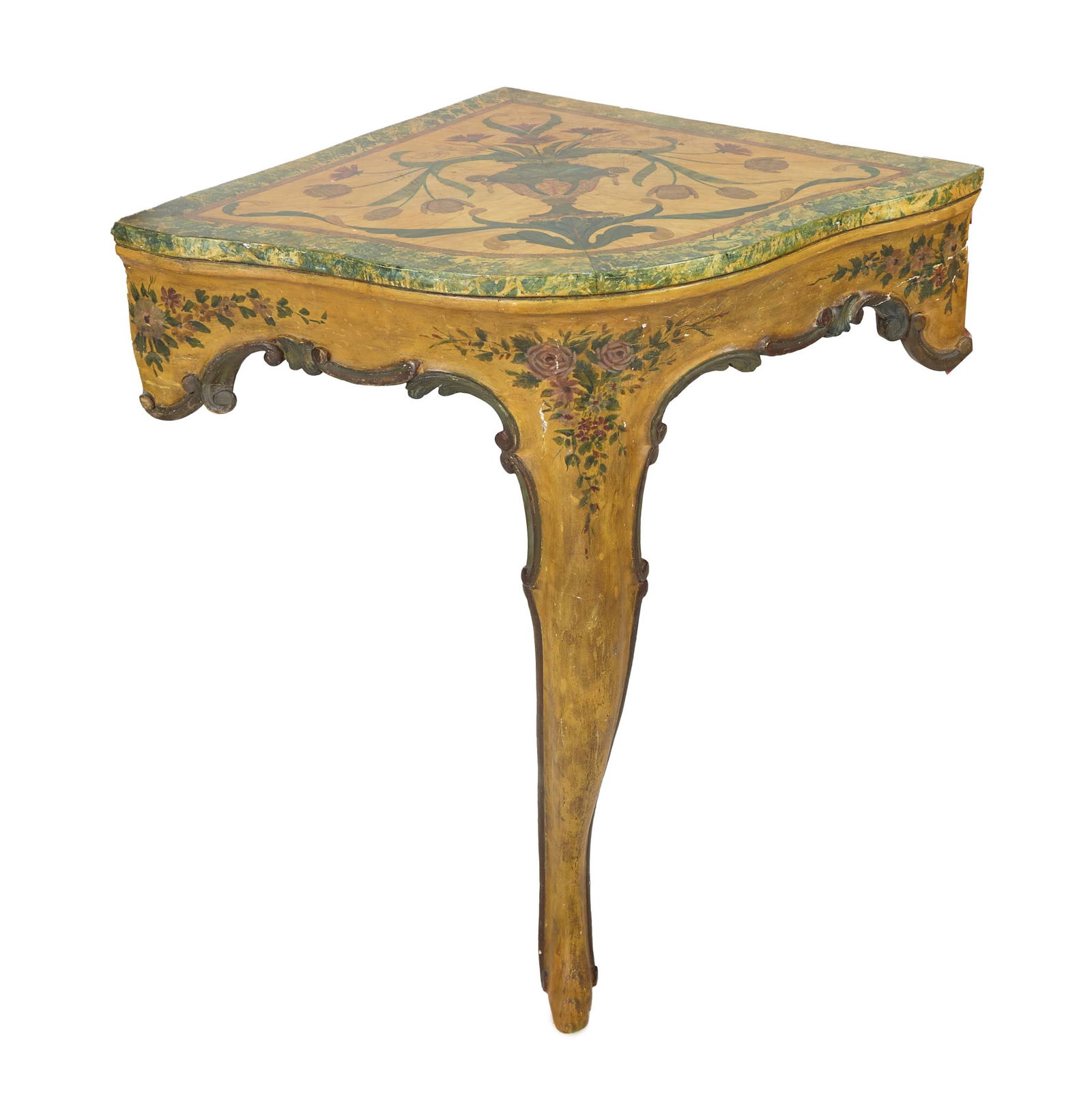 Italian Polychromed Corner Table,19th c., H.- 39 1/2 in., W.- 33 1/4 in., D.- 25 in. (1 of 2)