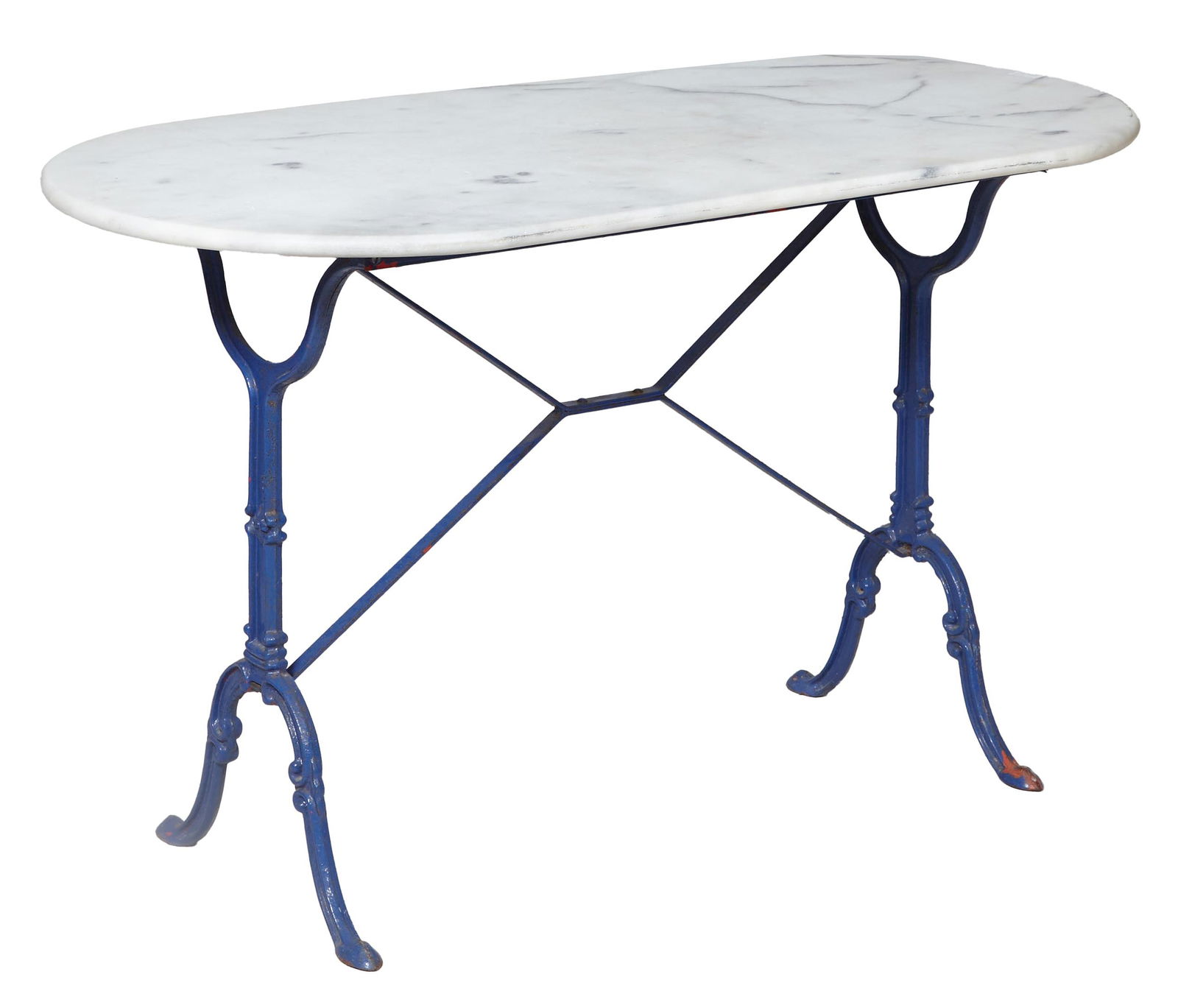 Parisian Style Marble and Blue Cast Iron Bistro Table, 20th c., H.- 28 1/2 in., W.- 47 1/2 in., D.- (1 of 1)