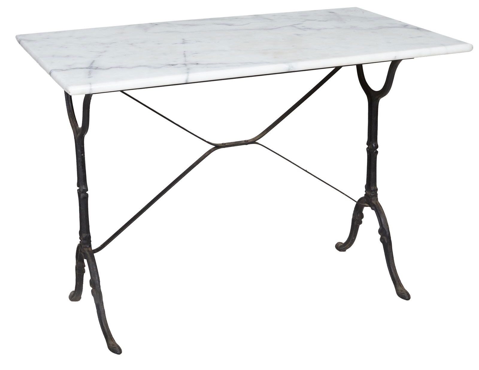 Parisian Style Marble and Black Cast Iron Bistro Table, 20th c., H.- 28 1/2 in., W.- 39 1/2 in., D.- (1 of 2)