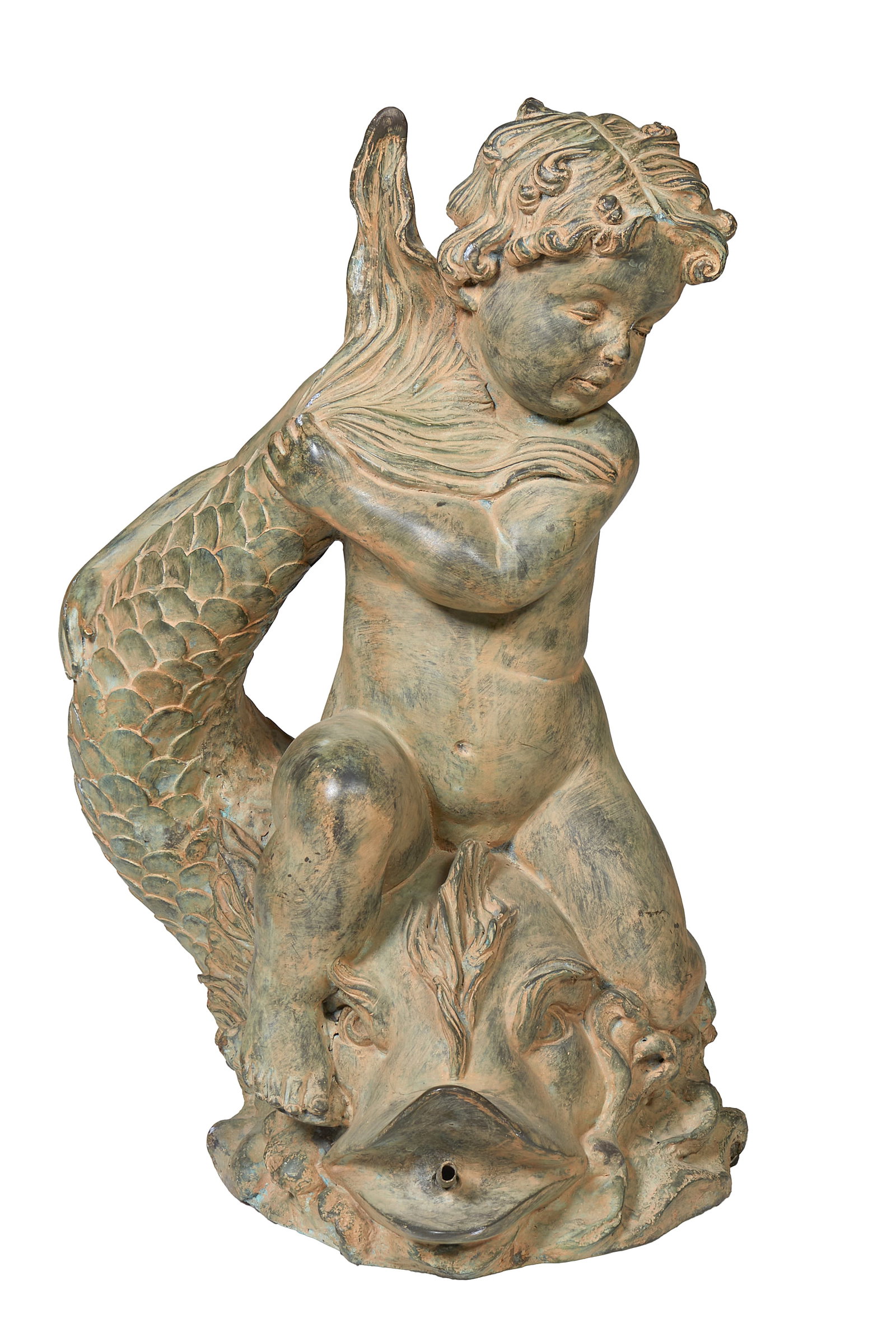 Patinated Bronze Fountain Figure, 20th., H.- 24 in., W.- 12 in., D.- 17 in.: Patinated Bronze Fountain Figure, 20th., of a putto with a fish, H.- 24 in., W.- 12 in., D.- 17 in. Provenance: The Estate of Jay Calamia, property from the Dufour-Plassan House, New Orleans, Louisian