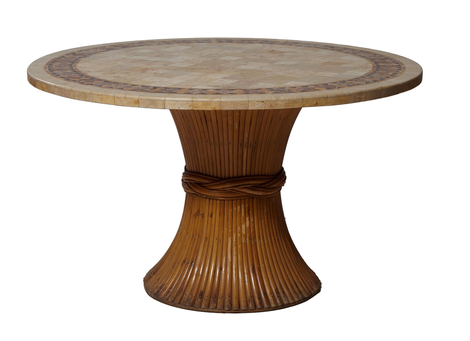 Rattan Table with Mosaic Travertine Top, attributed to McGuire, 20th c., H.- 29 1/2 in., Dia.- 51 (1 of 1)
