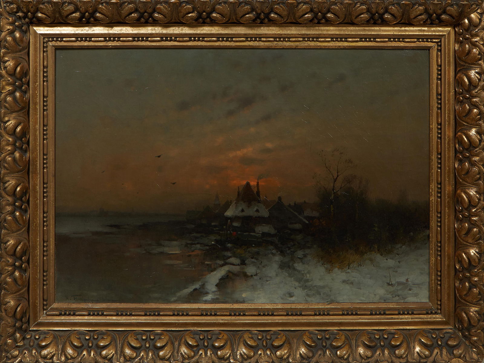 Heinz Flockenhaus (German, 1856-1919), "Winterlandschaft mit Dorf," H.- 14 in., W.- 28 1/2 in., (1 of 4)