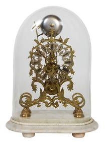 Brass Skeleton Clock, 19th c., Clock- H.- 15 1/2 in., W.- 9 7/8 in., D.- 5 in.; Base- H.- 2 1/2 in., (1 of 20)