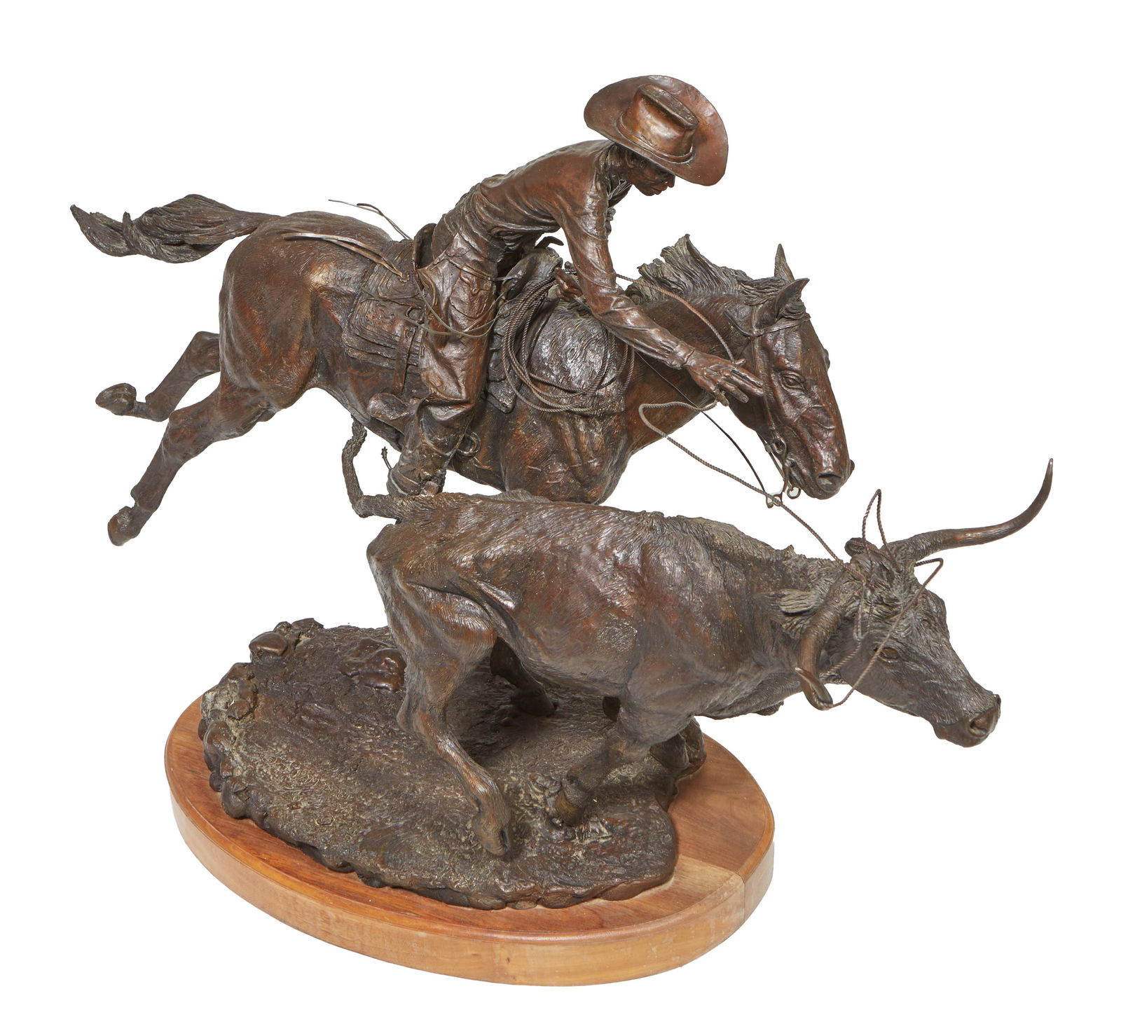 Jasper D'Ambrosi (American/California, 1926-1986), "Roping a Steer," 1978, H.- 27 in., W.- 40 in.,: Jasper D'Ambrosi (American/California, 1926-1986), "Roping a Steer," 1978, patinated bronze, 5/20, mounted on a thick oval carved oak base, H.- 27 in., W.- 40 in., D- 15 in.