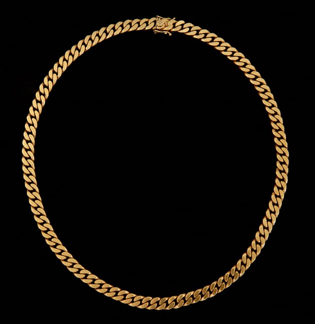 13K Yellow Gold Cuban Link Necklace, H.- 1/4 in., L.- 18 1/4 in., Wt.- 2.9 Troy Oz.: 13K Yellow Gold Cuban Link Necklace, plated with 18K Yellow Gold, H.- 1/4 in., L.- 18 1/4 in., Wt.- 2.9 Troy Oz. Note: this Item is Seized Property Being Sold by Order of the Jefferson Parish Sheriff'
