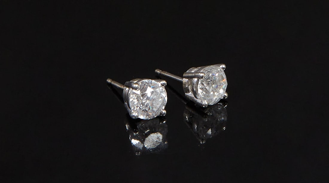 Pair of 18K White Gold Diamond Stud Earrings, Total Diamond Wt.- 2 cts., with appraisal. (2 Pcs.) (1 of 2)