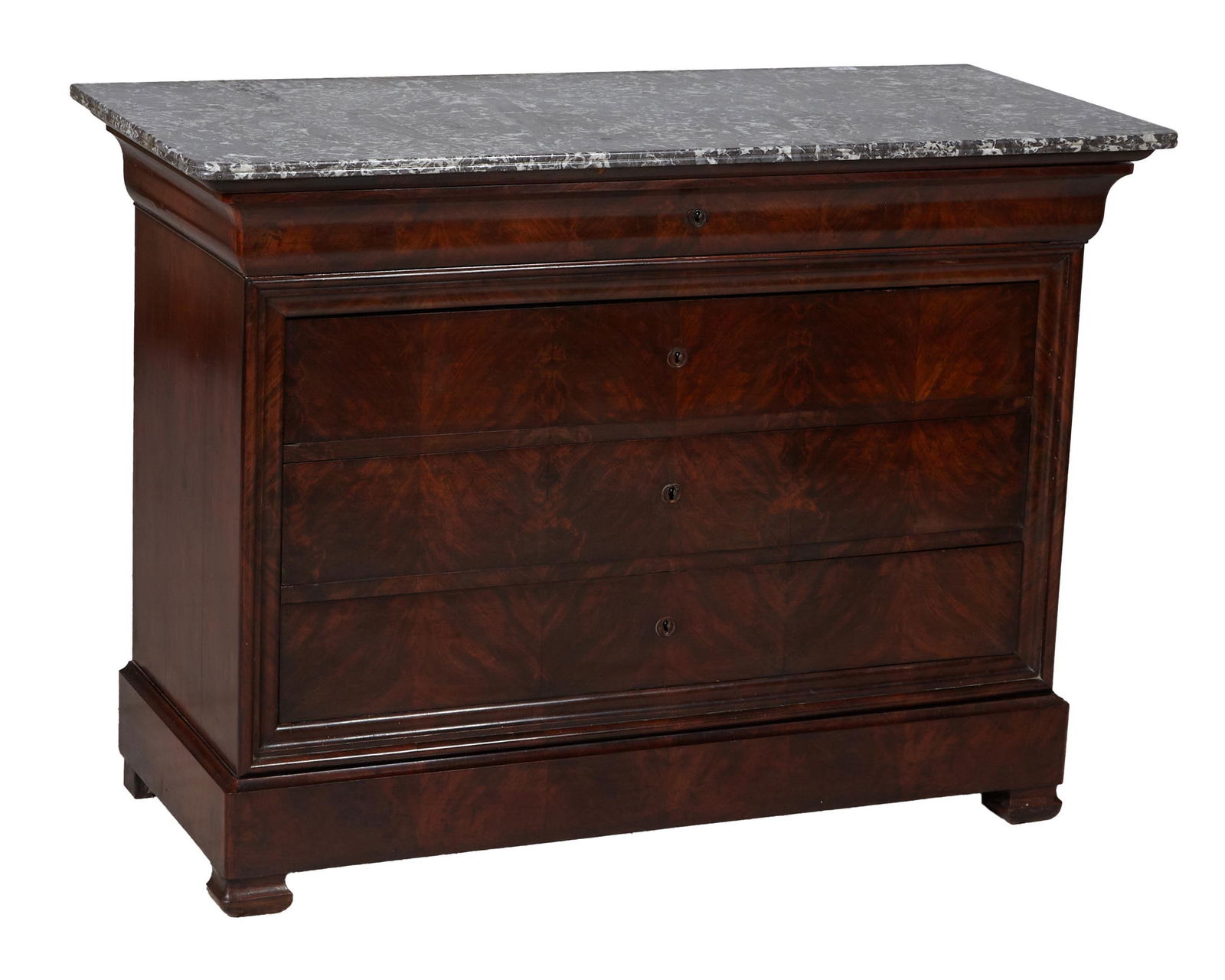 French Louis Philippe Marble Top Walnut Commode, mid 19th c., H.- 37 1/2 in., W.- 51 in., D.- 23 in. (1 of 2)