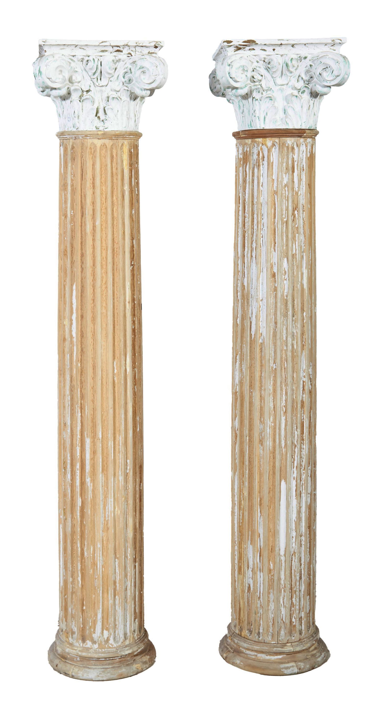 Pair of Cypress Columns with Plaster Corinthian Capitals, 20th c., H.- 97 in., W.- 18 in., D.- 18 (1 of 1)