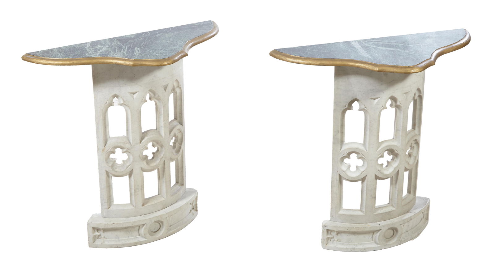 Pair of Gothic Style Marble Console Tables, 20th c., H.- 32 in., W.- 33 in., D.- 13 1/2 in. (2 Pcs.): Pair of Gothic Style Marble Console Tables, 20th c., the gilt edge bowed green marble tops on curved pierced white marble bases with gothic arches and quatrefoil piercing, assembled, H.- 32 in., W.- 3