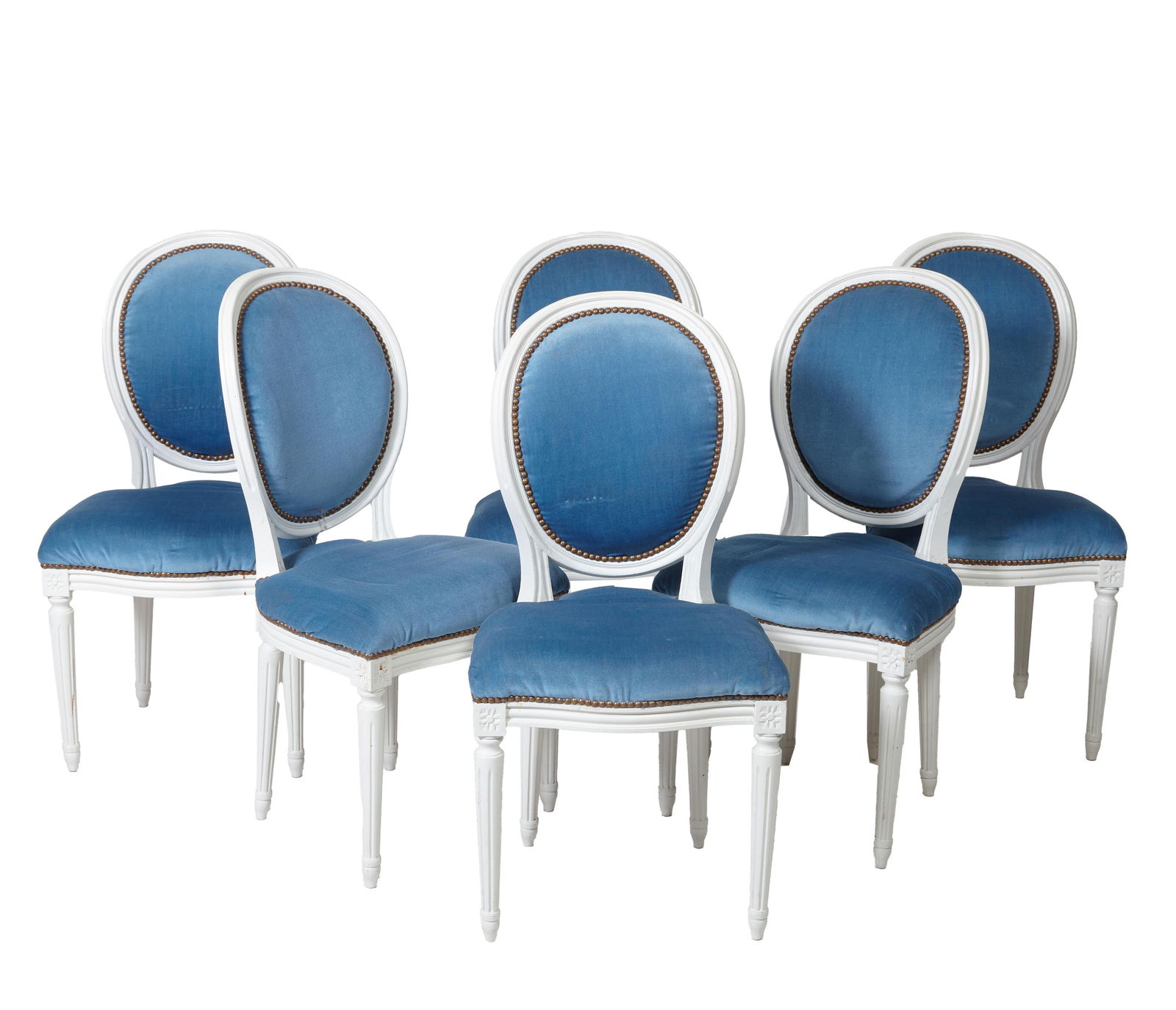 Set of 6 Louis XVI Style Creme Peinte Dining Chairs, 20th c., H.- 36 in., W.- 19 in., D.- 20 in. (6 (1 of 3)