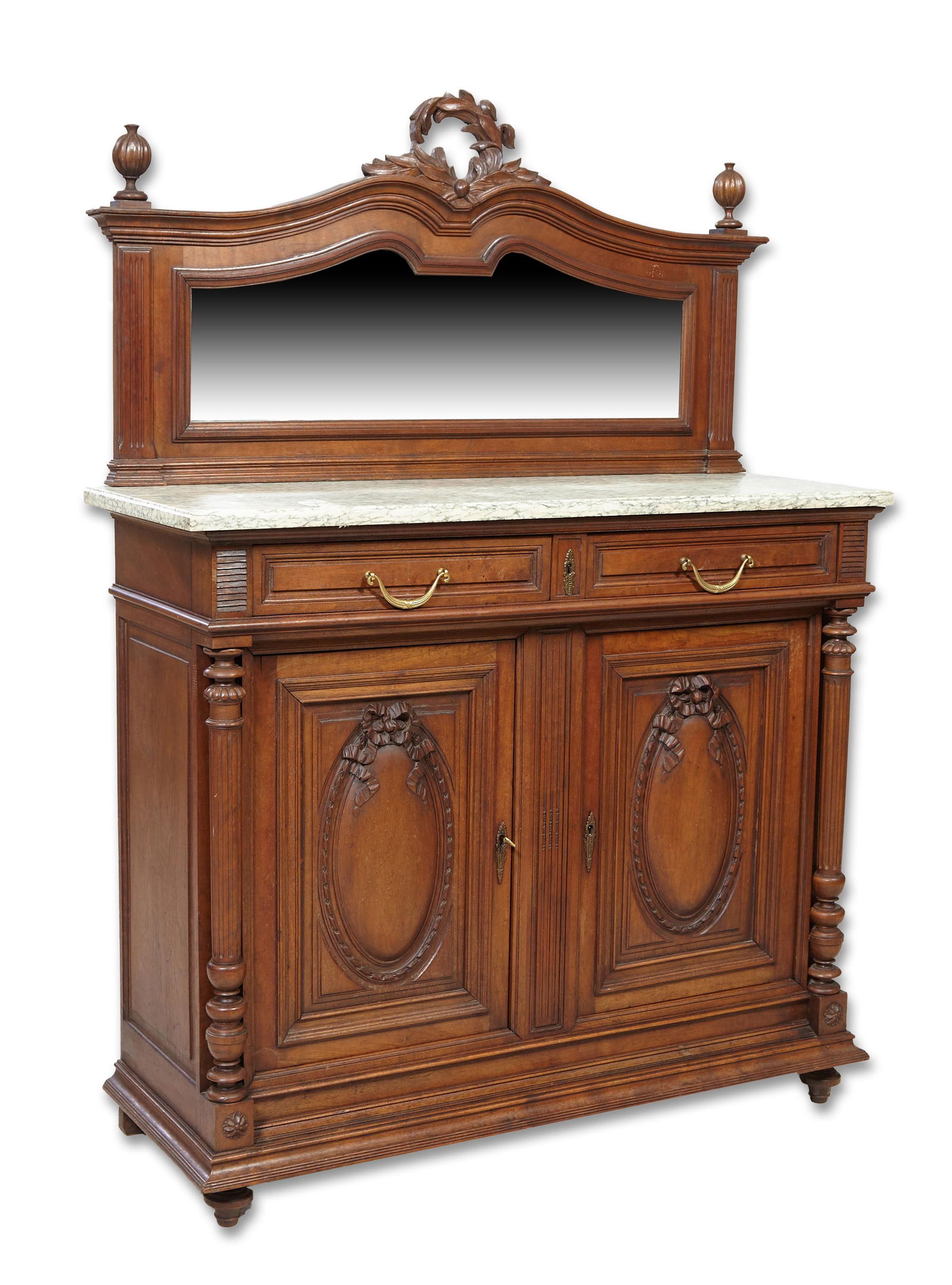 French Henri II Style Marble Top Carved Walnut Sideboard, 20th c., H.- 64 1/2 in., W.- 47 in., D.- (1 of 4)