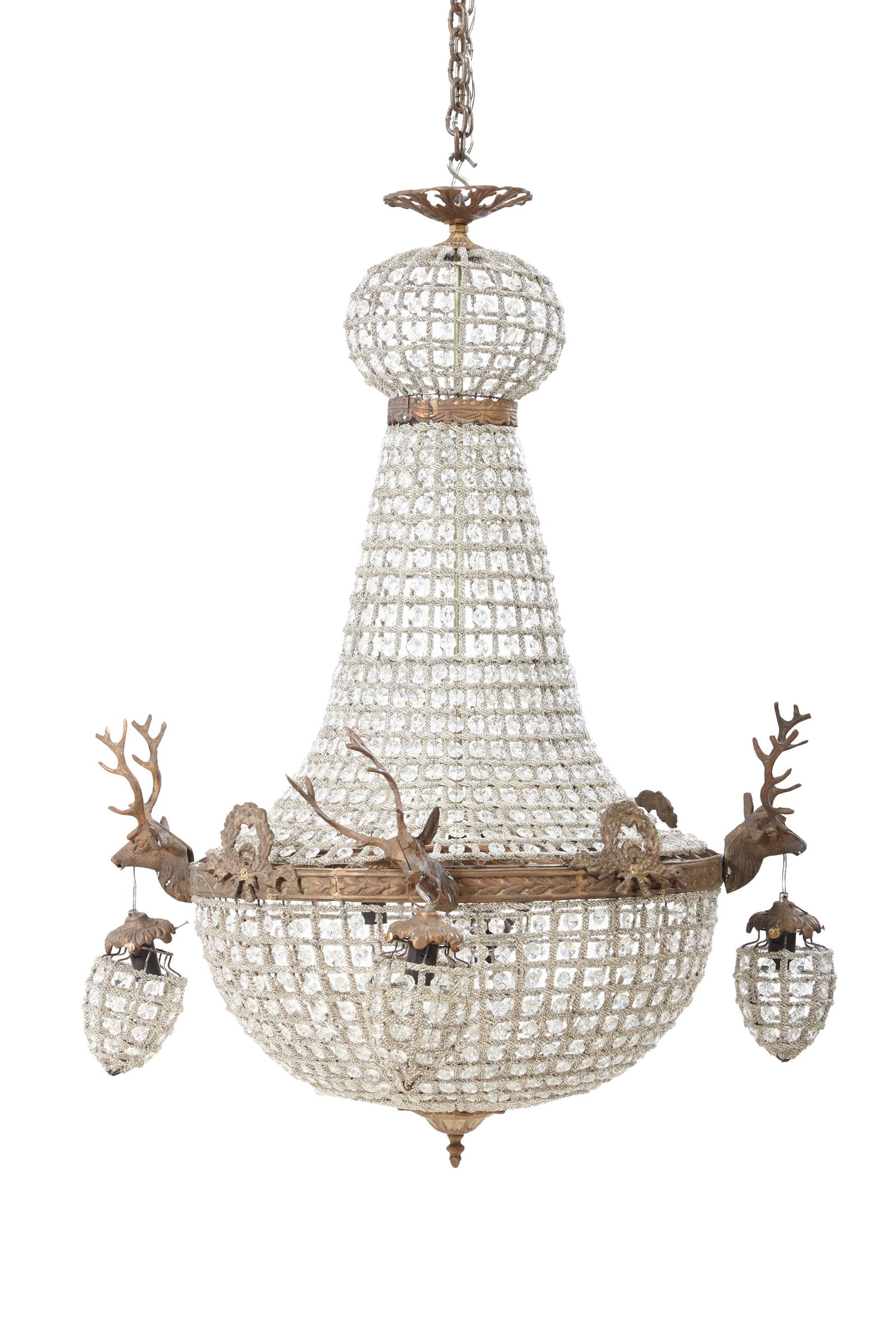 Brass Corbeille Form Four Light Prism Hung Chandelier, 21st c., H.- 21 in., Dia.- 22 in. (1 of 2)