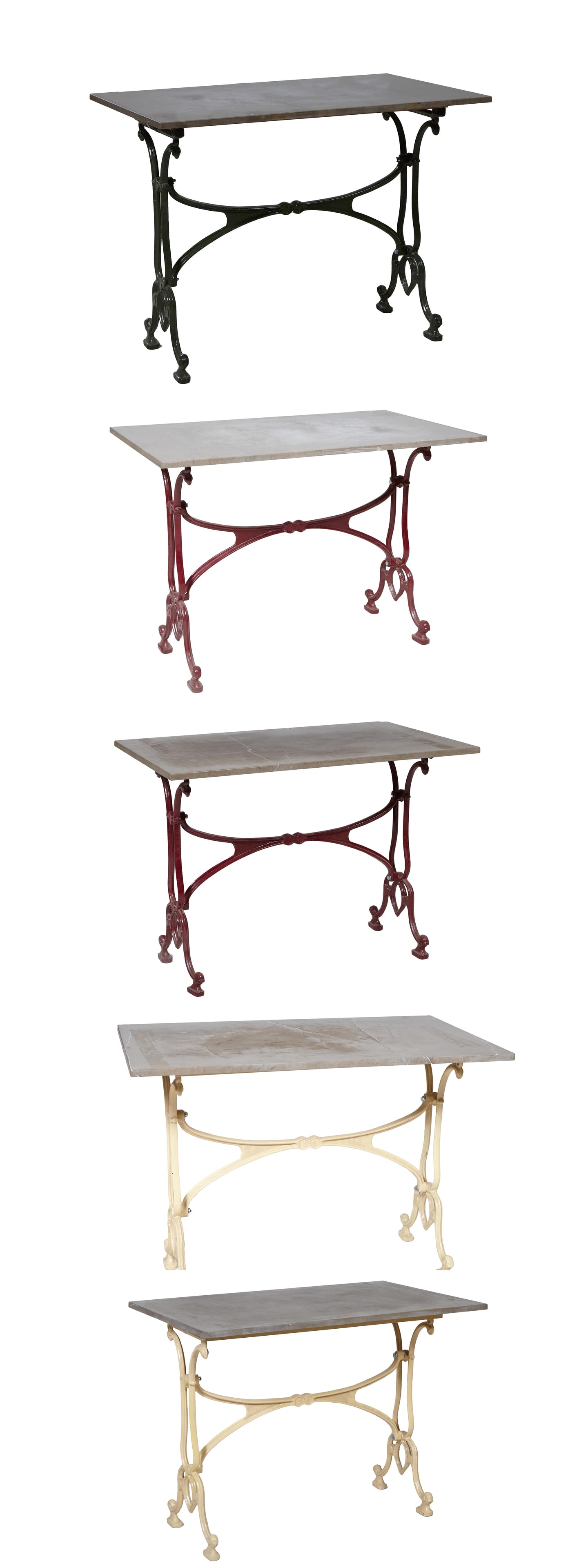 Lot of Five Parisian Style Marble and Cast Iron Bistro Tables, 20th c., H.- 29 in., W.- 39 3/8 in., (1 of 11)