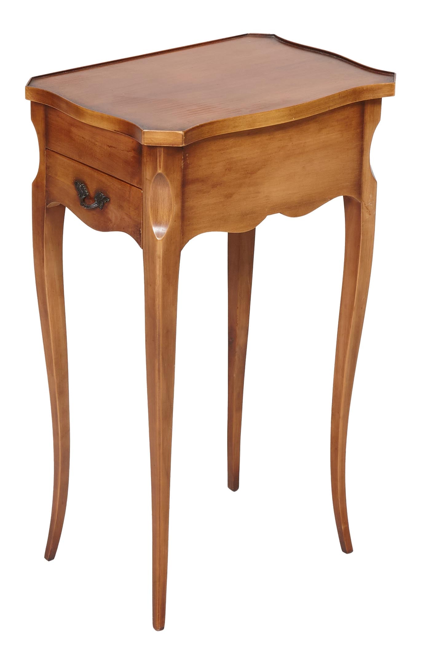 French Louis XV Style Cherrywood Nightstand, 20th c., H.- 28 in., W.- 17 in., D.- 12 in.: French Louis XV Style Cherrywood Nightstand, 20th c., the galleried shaped hinged top a reveals storage compartment, over single drawer, with shaped skirt, on saber legs, H.- 28 in., W.- 17 in., D.- 1