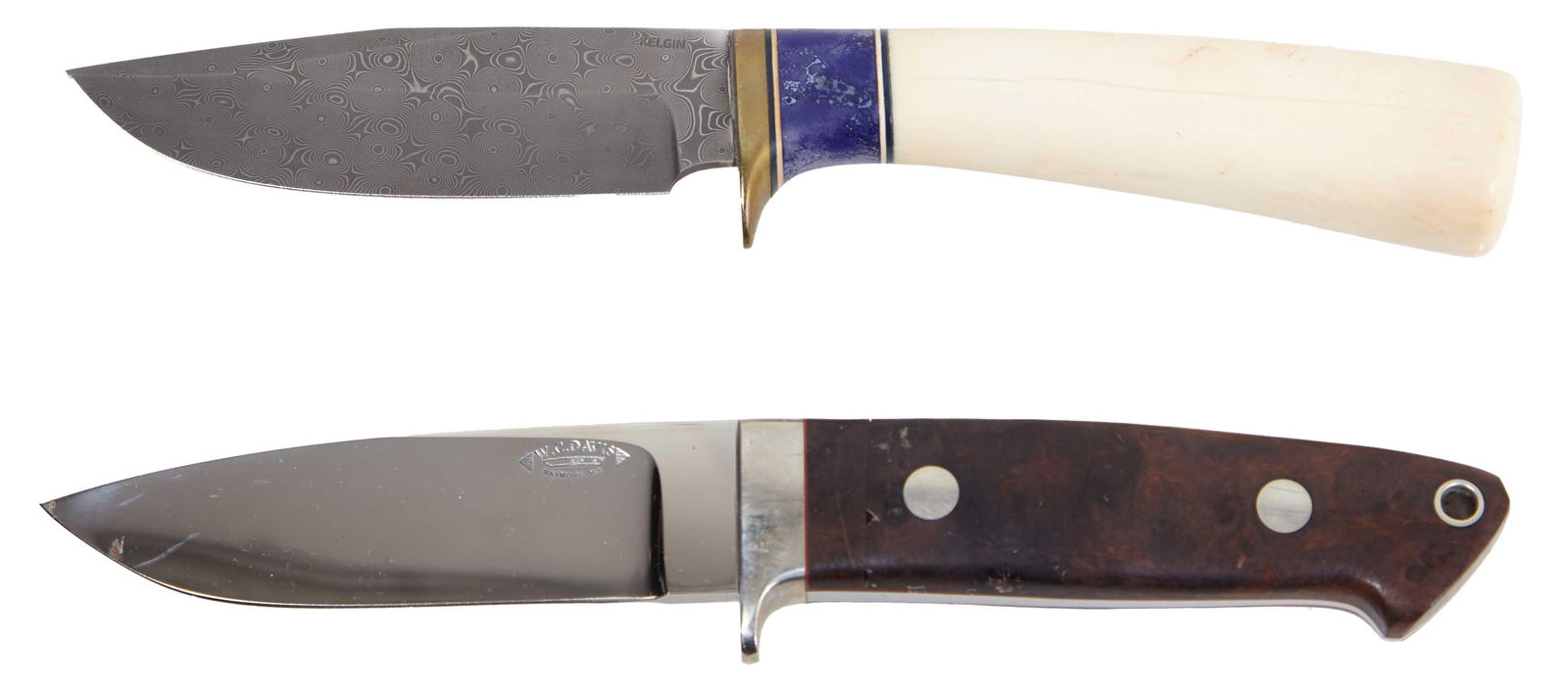 Pair of Hunting Knives, 20th c., Longer- L.- Blade- 3 3/4 in. (2 Pcs.): Pair of Hunting Knives, 20th c., consisting of a W.C. Davis Classic Hunter with a 3 1/2 inch blade; together with a Kelgin Hunter style knife with a 3 3/4 inch blade; both presented without sheaths, L
