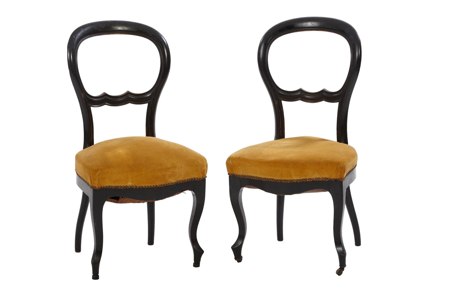 Pair of Napoleon III Ebonized Side Chairs, late 19th c., H.- 35 1/2 in., W.- 19 in., D.- 19 in. (2: Pair of Napoleon III Ebonized Side Chairs, late 19th c., the arched balloon backs with spurred splat, shaped seat rail, on cabriole legs with casters, H.- 35 1/2 in., W.- 19 in., D.- 19 in. (2 Pcs.)