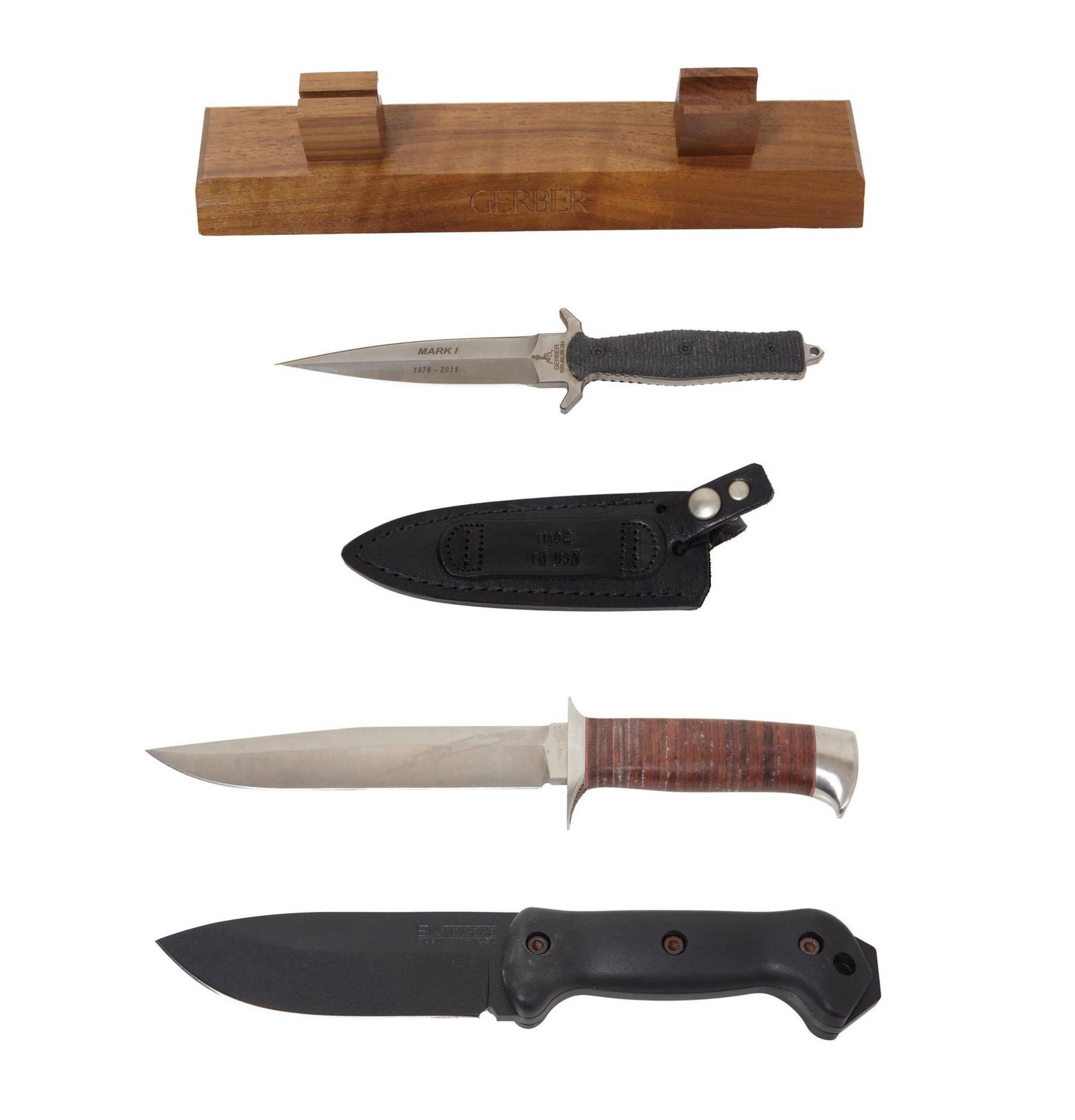 A Group Of Three Hunting Knives, 20th C., L. Longest Blade 6 1/2 In