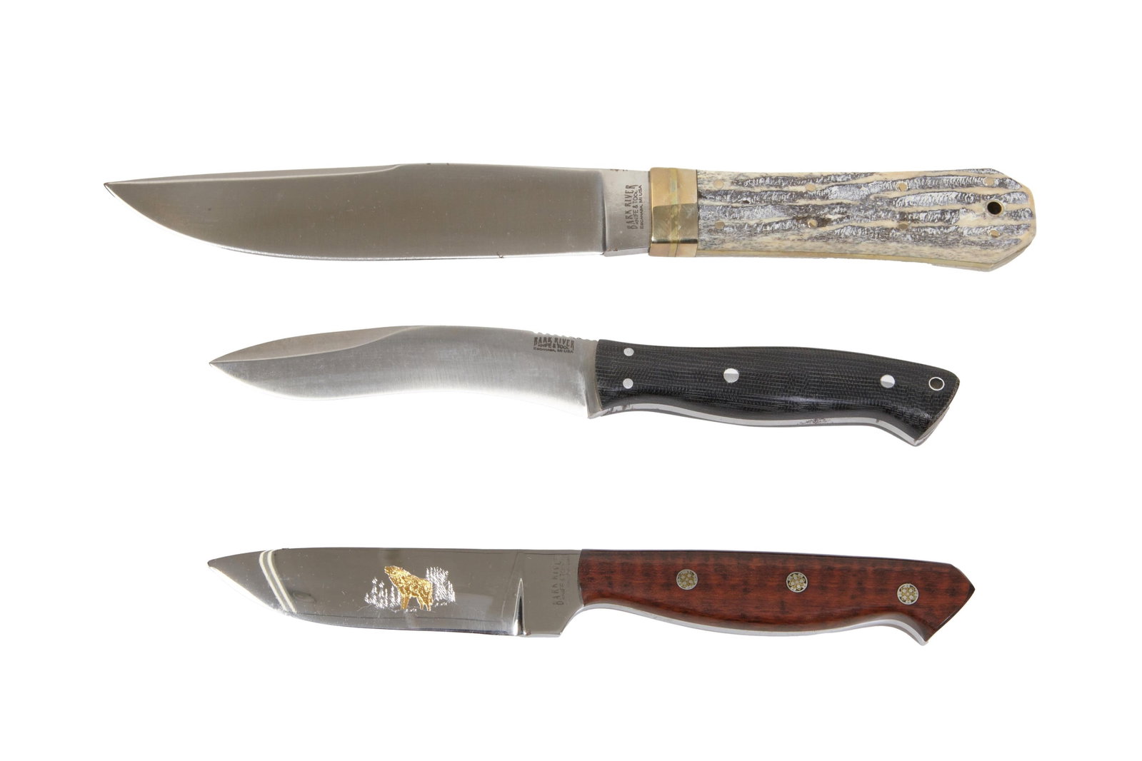 Three Limited Edition Bark River Knives, 21st c., Longest- L.- Blade- 6 1/2 in. (3 Pcs.): Three Limited Edition Bark River Knives, 21st c., consisting of a Bark River 2006 custom edition Slither Kydex Black Canvas Micarta, with curved blade and sheath; a Bark River Limited Edition Snakewoo