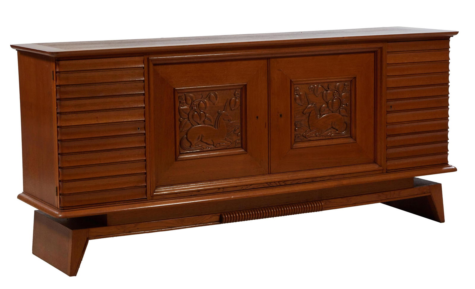 French Art Nouveau Oak Sideboard, early 20th c., H.- 39 1/2 in., W.- 85 1/2 in., D.- 21 in. (1 of 2)