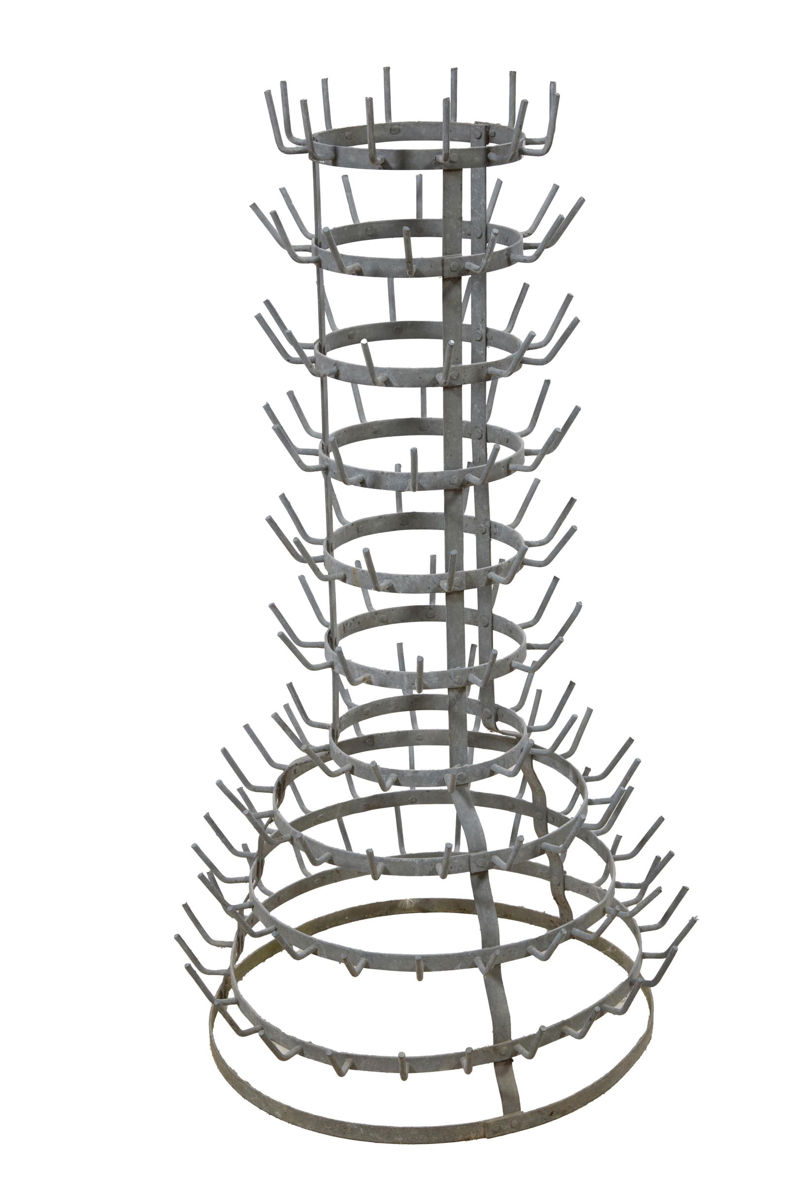 Vintage French Iron Bottle Drying Rack, 19th c., H.- 43 in., Dia.- 24 in.: Vintage French Iron Bottle Drying Rack, 19th c., the ten tier tower form rack with flared base, H.- 43 in., Dia.- 24 in.