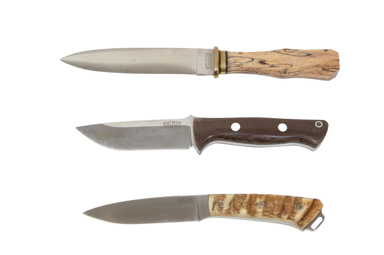 Three Bark River Knives, 21st c., Longest- L.- Blade- 5 in. (3 Pcs.) (1 of 16)