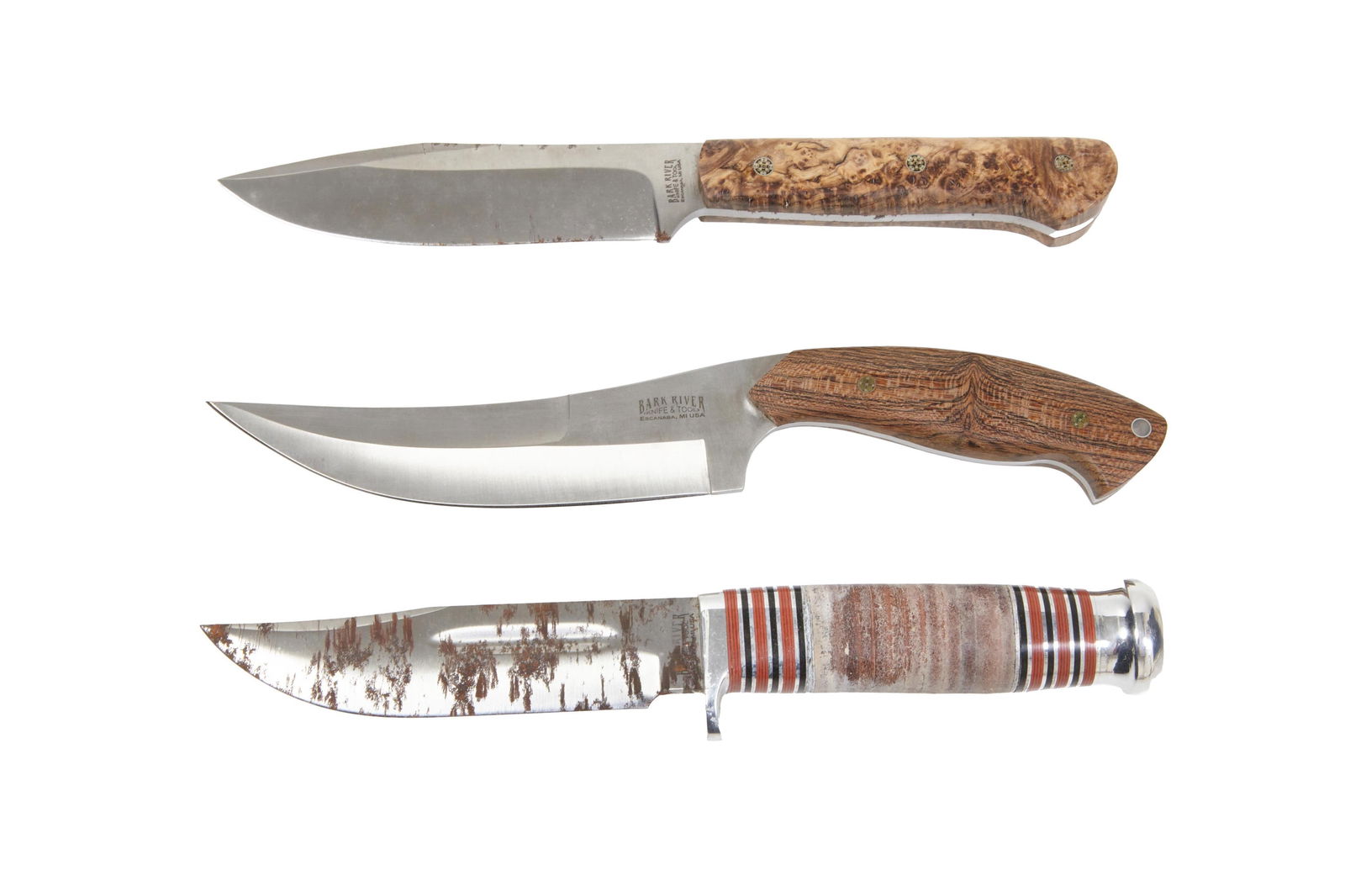 Three Bark River Limited Edition Knives, 21st c., Longest- L.- Blade- 5 in. (3 Pcs.) (1 of 15)