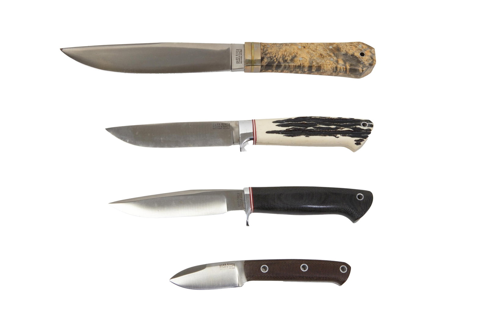 Four Bark River Knives, 21st c., Longest- L.- Blade- 6 1/2 in. (4 Pcs.): Four Bark River Knives, 21st c., consisting of a Bark River Imp Green canvas hollow prototype, in a leather sheath; a Bark River River's Edge antique stag bone, limited edition, in a leather sheath; a