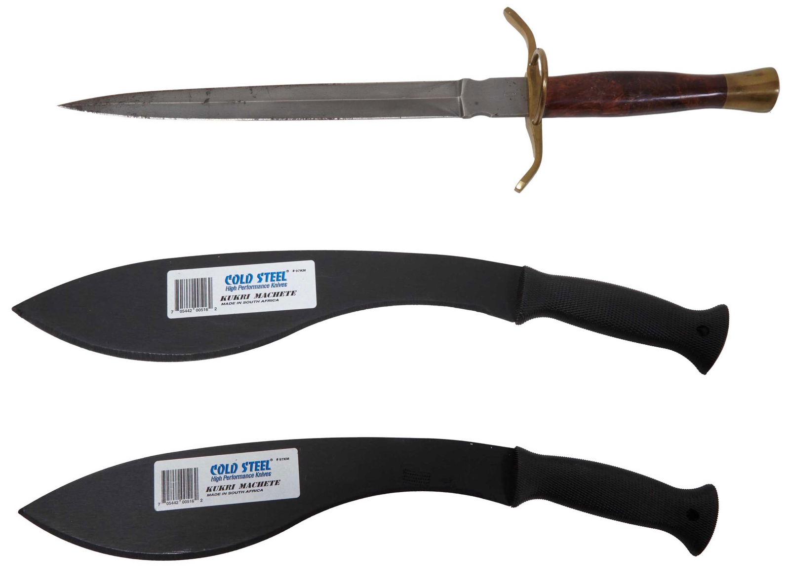 A Group of Three Long Blade Weapons, 20th c., L.- Longest- Blade- 13 in. (3 Pcs.): A Group of Three Long Blade Weapons, 20th c., consisting of two Kukri Machetes in web style sheaths, each with a thirteen inch blade; a double edged short sword with a D guard on fuller brass fittings