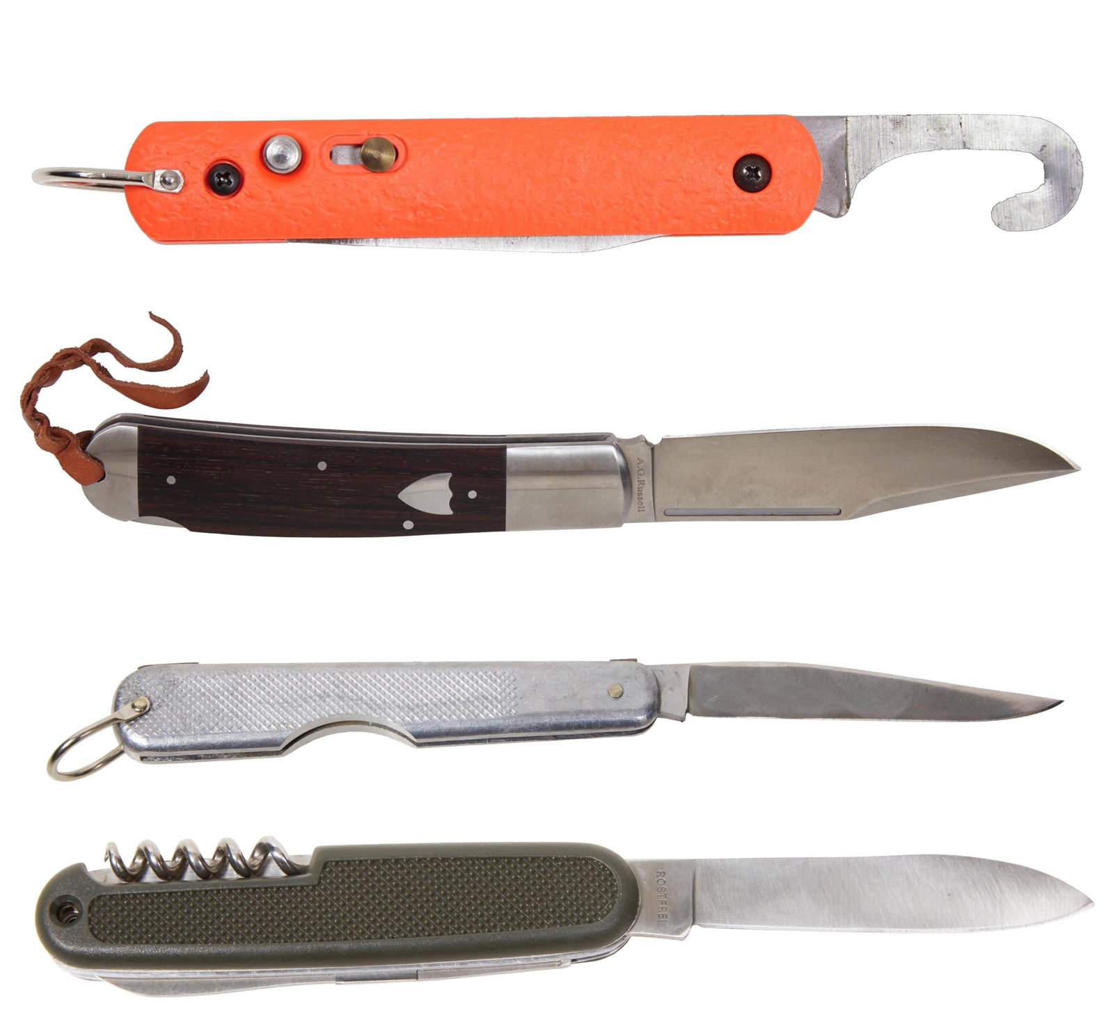 Four Military and Utility Knives, 20th c., Longest- L.- Blade- 4 1/2 in. (4 Pcs.): Four Military and Utility Knives, 20th c., consisting of: an A.G. Russell large gun stock folding lock blade, in original box; a Queen Cutlery "45 Big Chief Filet EO" with metal scales, in original bo