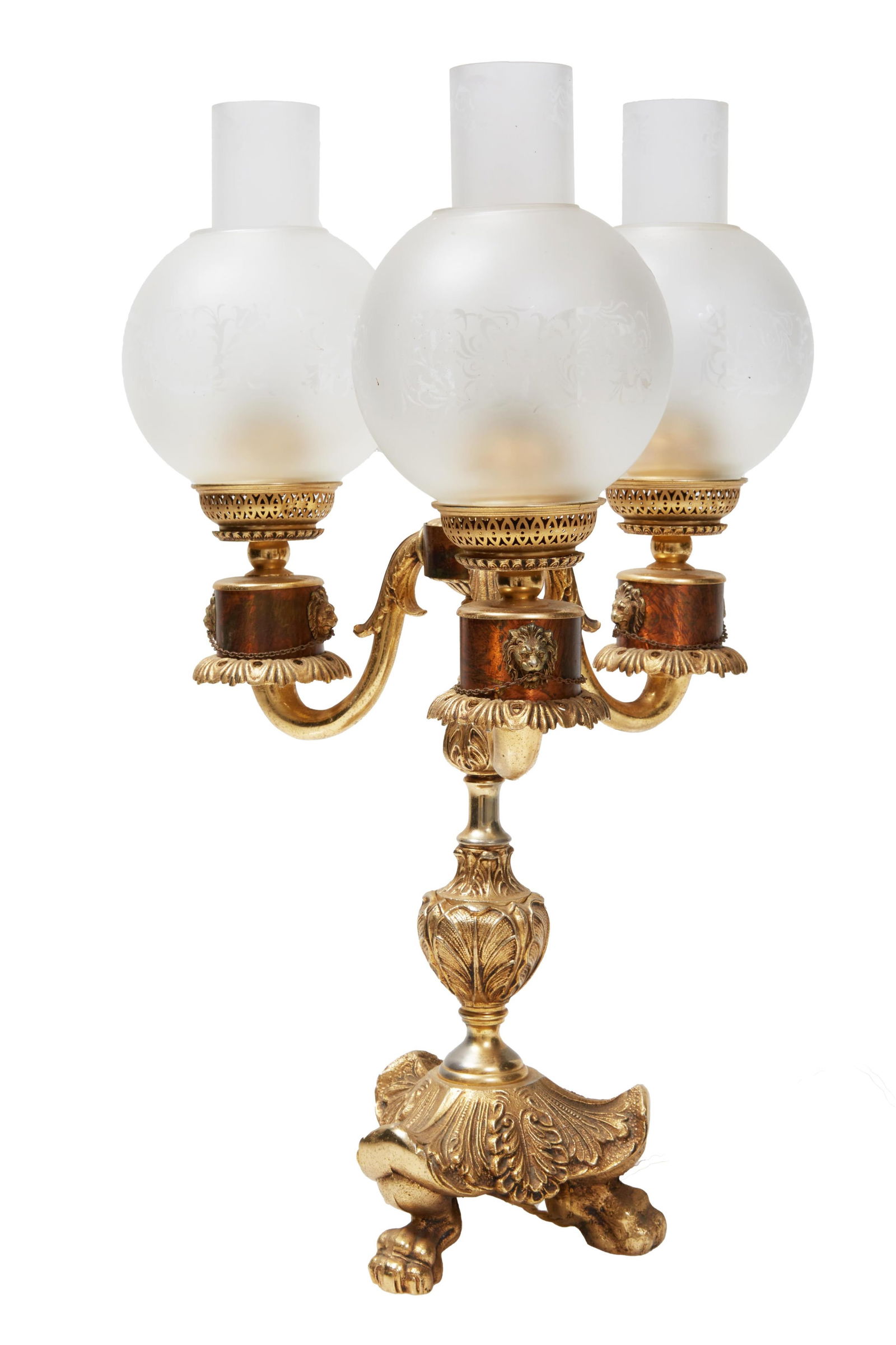 French Empire Gilt Bronze Three Light Oil Lamp, 19th c., H.- 20 1/2 in., Dia.- 12 in. (1 of 2)