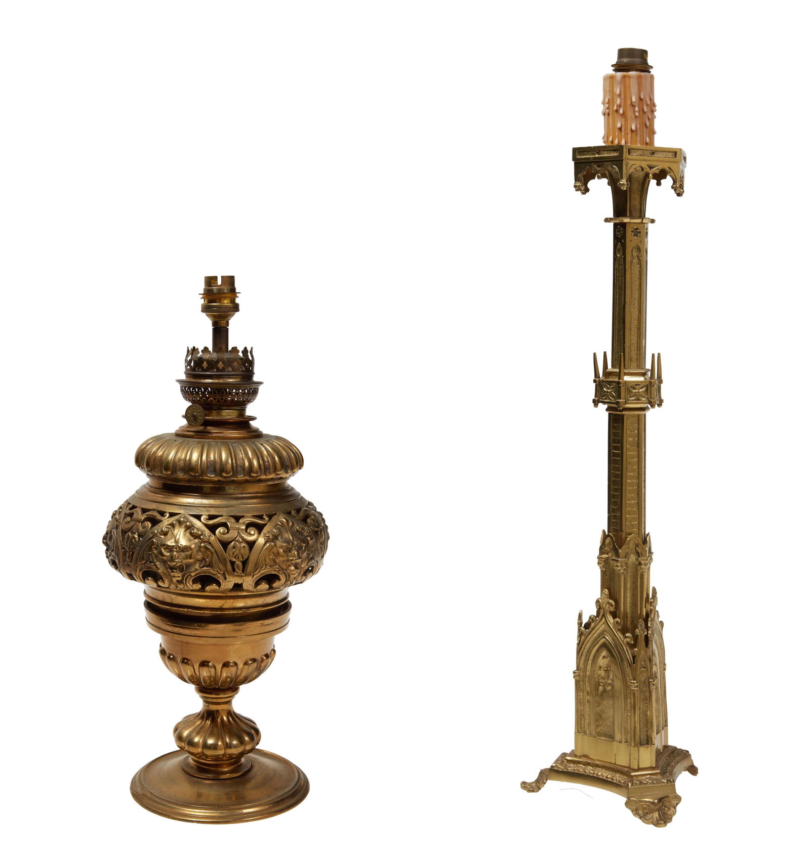 Two French Heavy Gilt Bronze Lamps, early 20th c., Oil- H.- 15 in., Dia.- 7 in. Candlestick- H.- 20 (1 of 4)